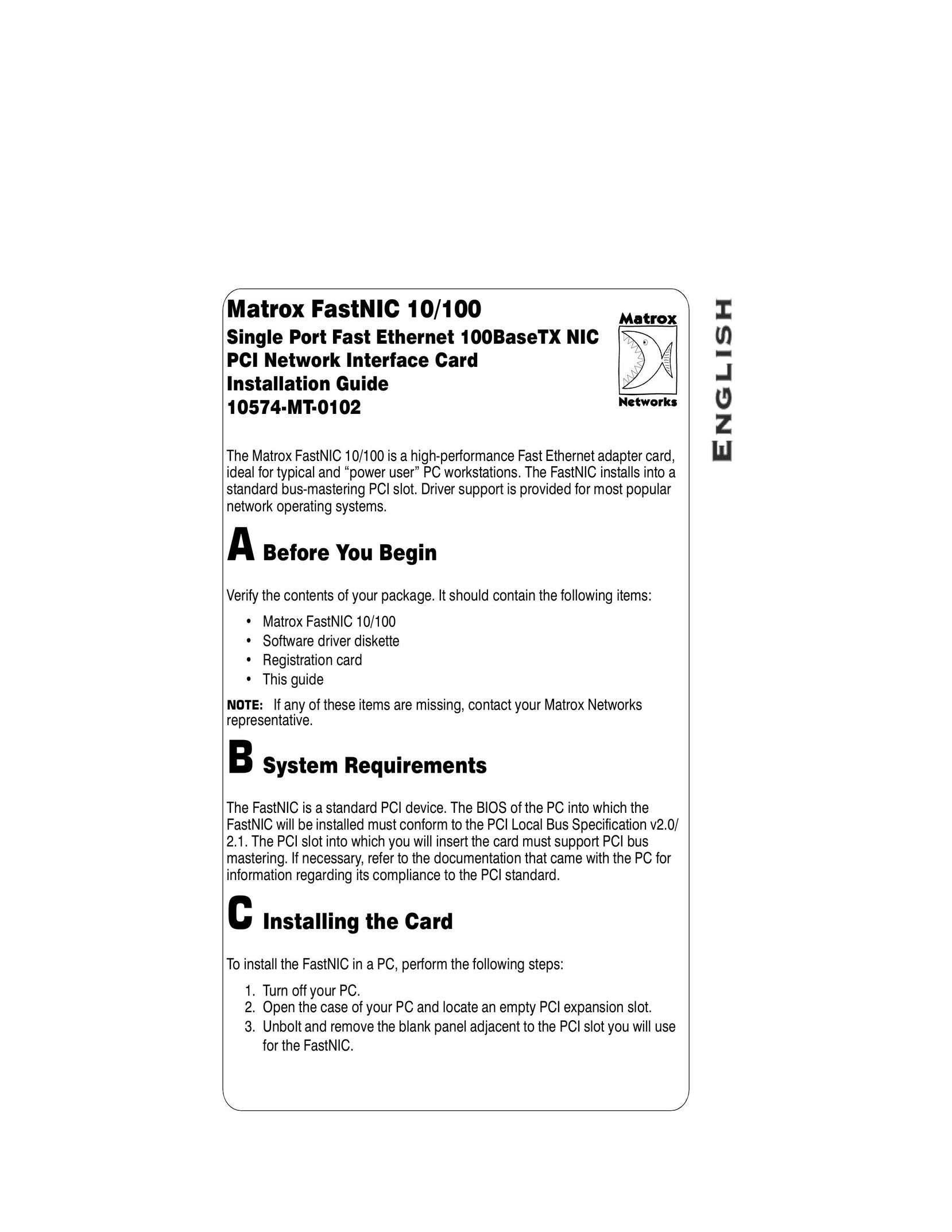 Matrox Electronic Systems 10574-MT-0102 Network Card User Manual