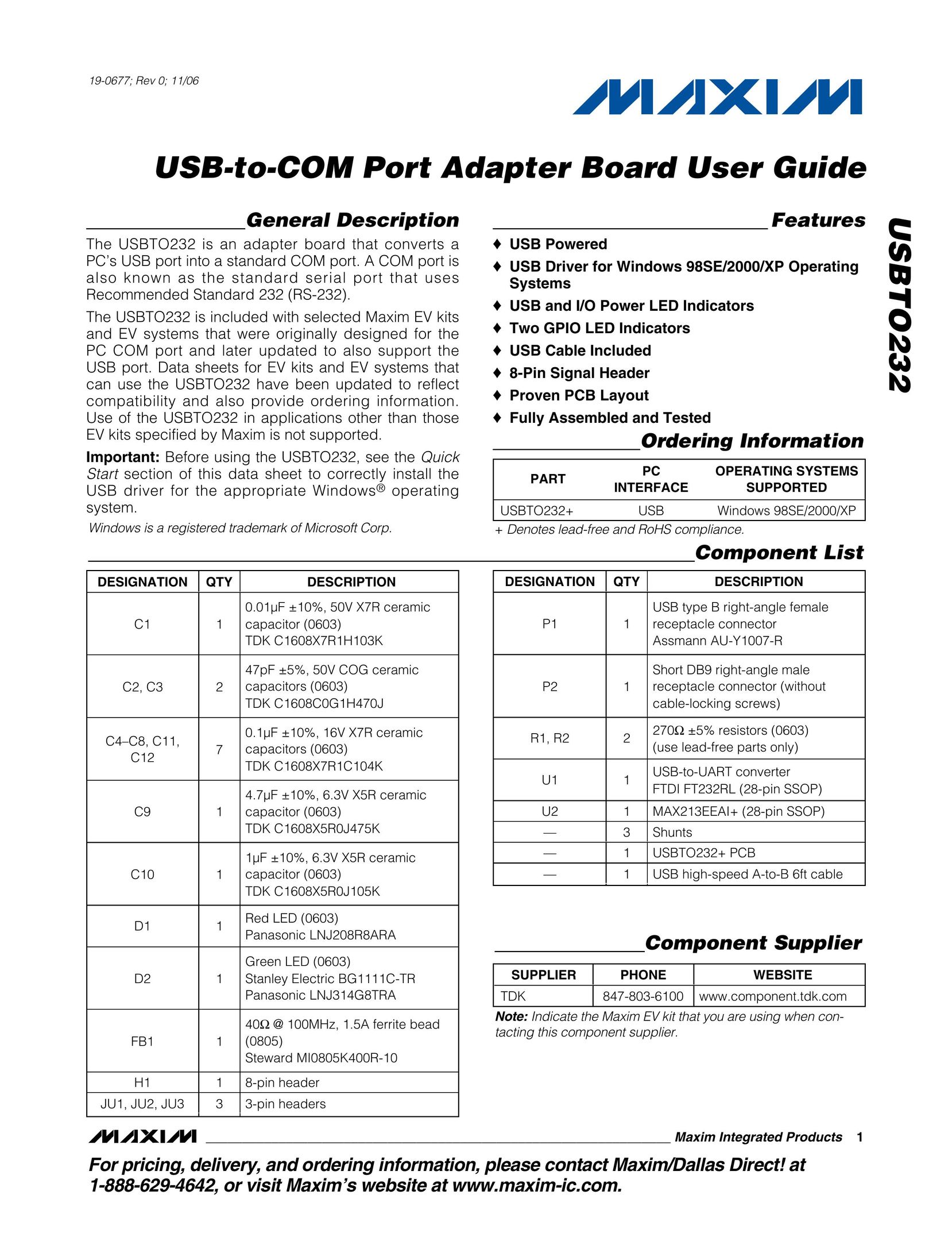 Maxim USBTO232 Network Card User Manual