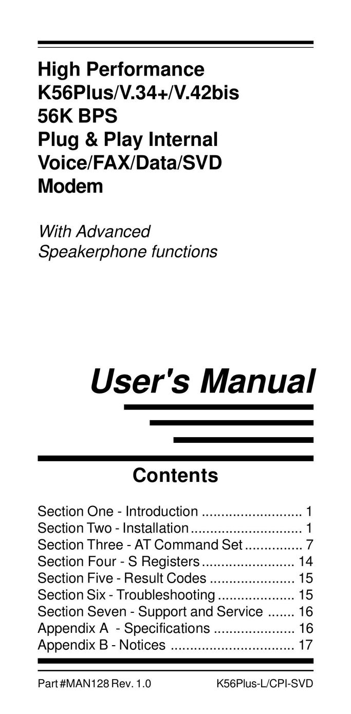 MaxTech Plug & Play Internal Voice/FAX/Data/SVD Modem Network Card User Manual