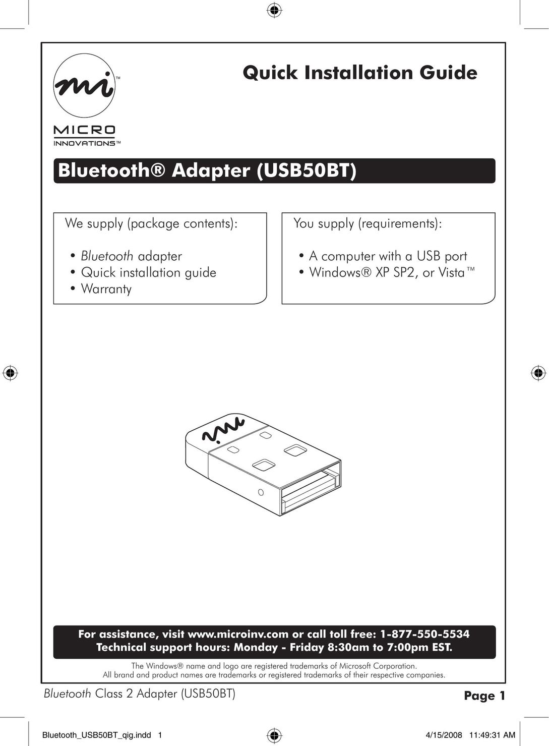 Micro Innovations USB50BT Network Card User Manual