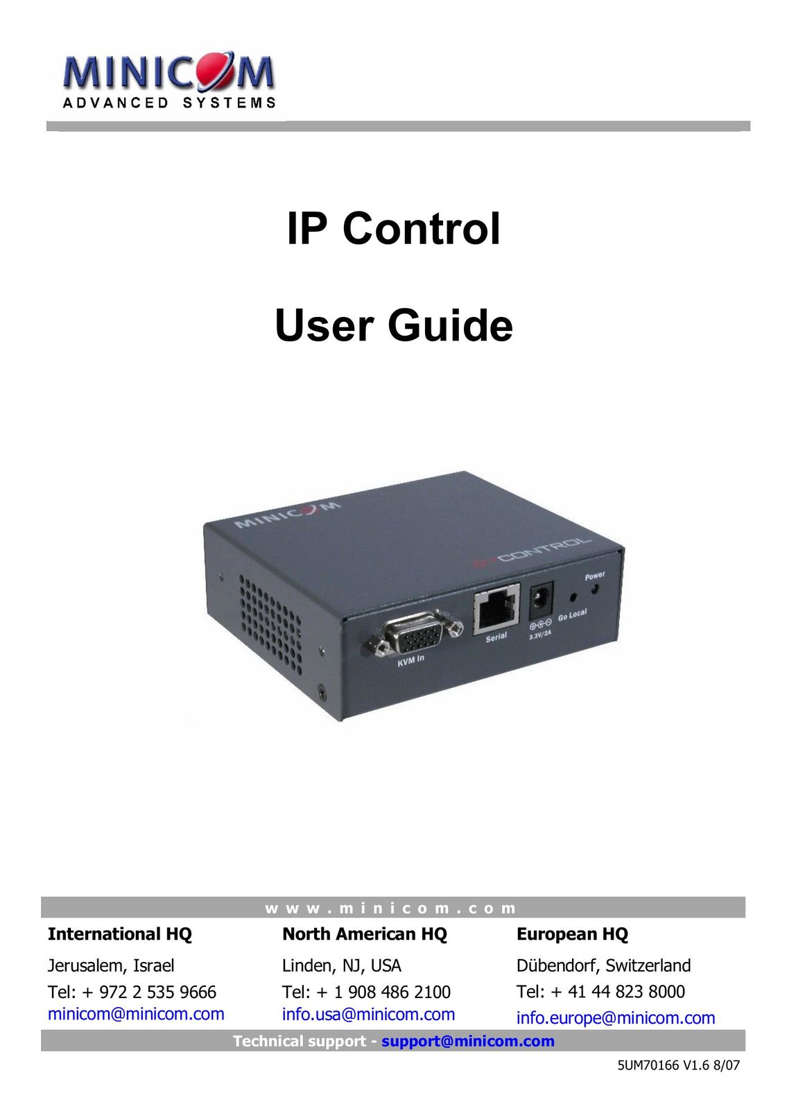 Minicom Advanced Systems IP Control Network Card User Manual