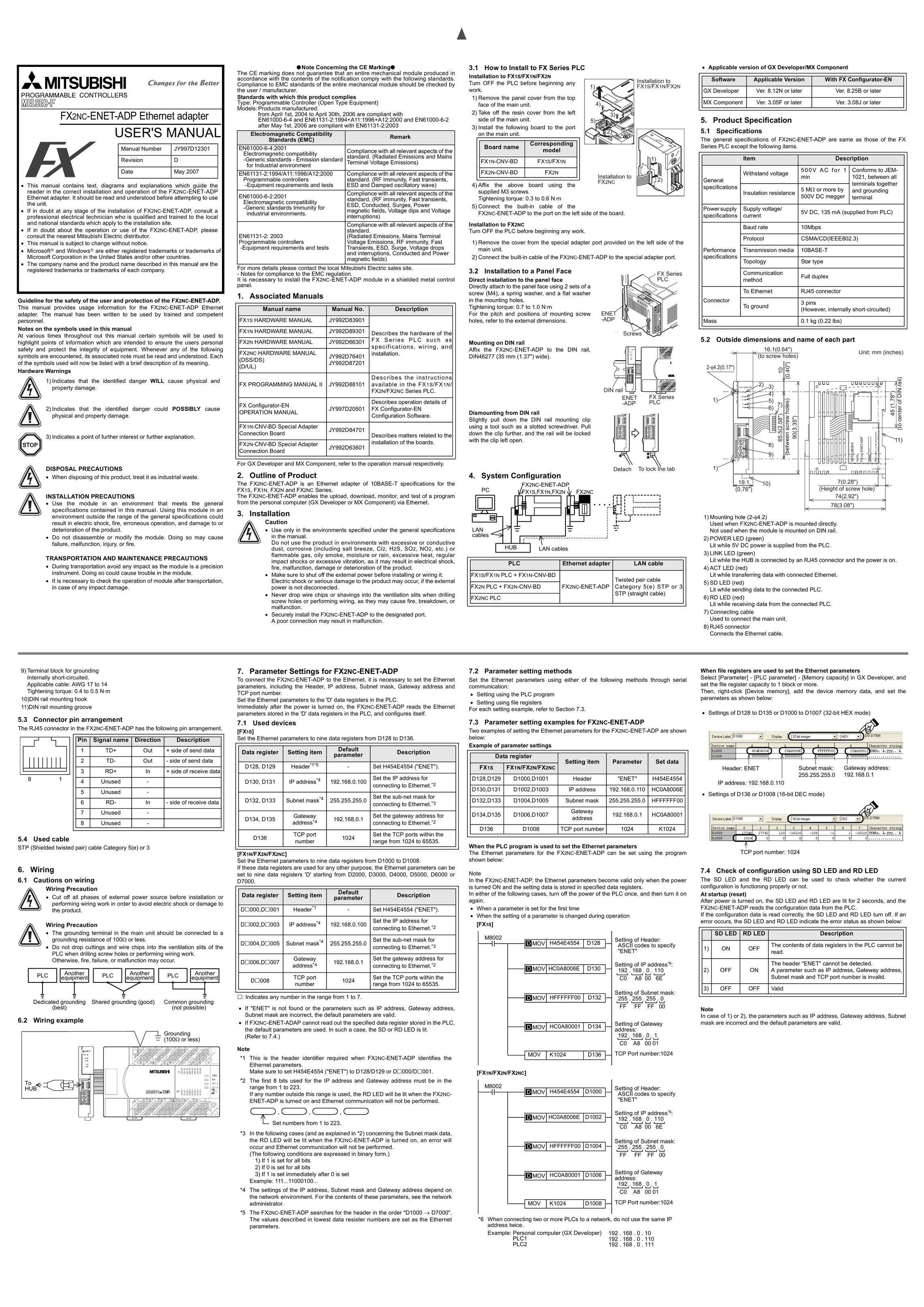 Mitsubishi Electronics FX2NC-ENET-ADP Network Card User Manual