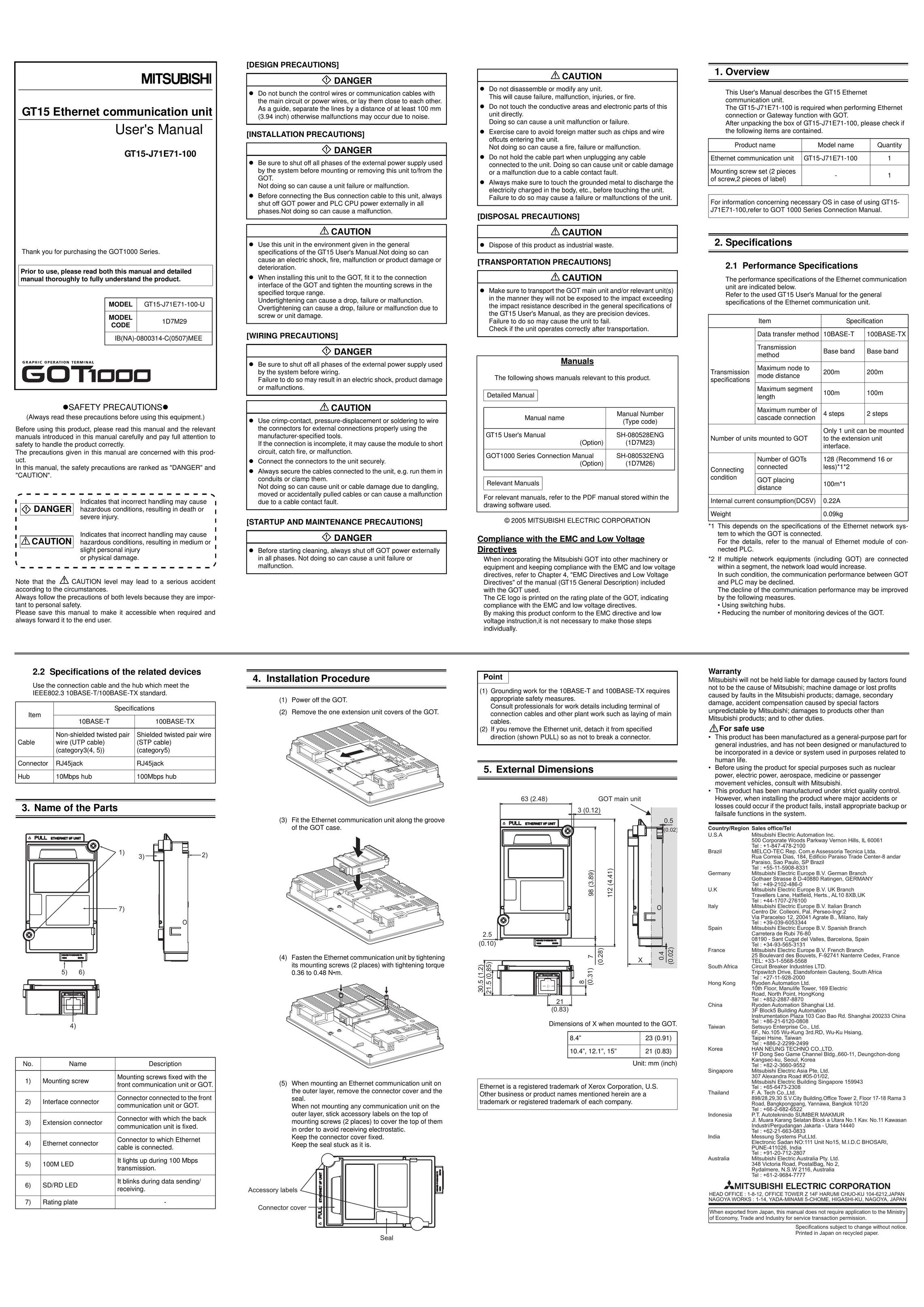 Mitsubishi Electronics GT15-J71E71-100-U Network Card User Manual