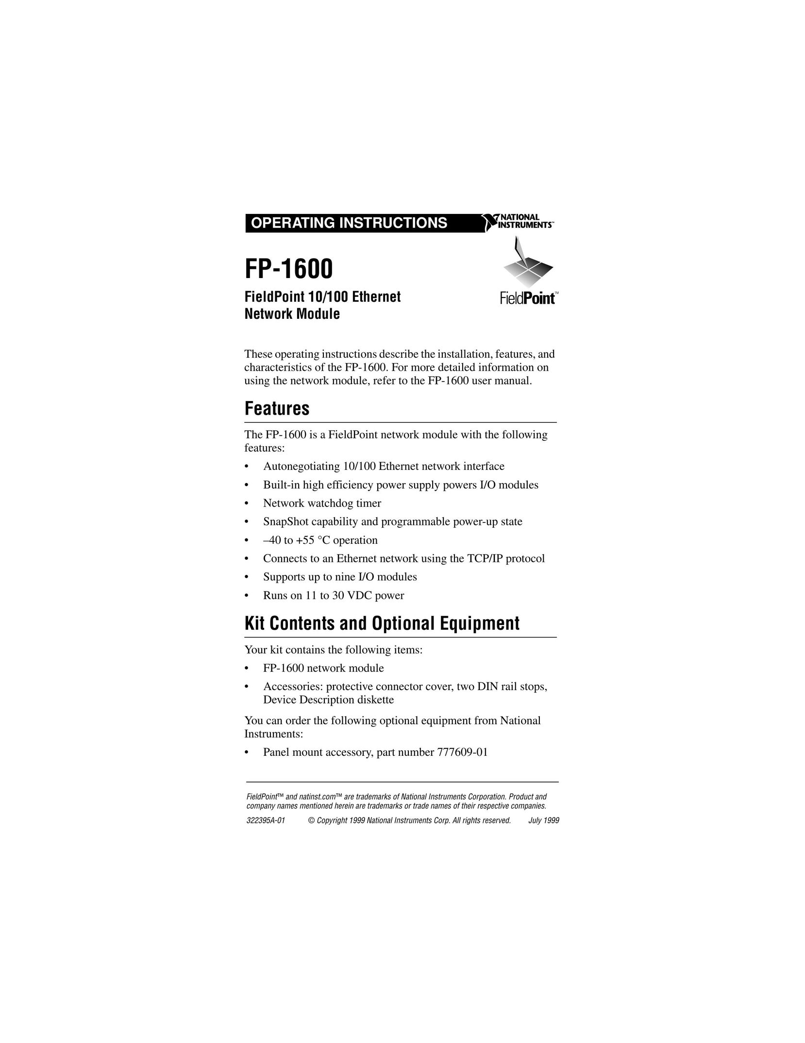 National Instruments FP-1600 Network Card User Manual
