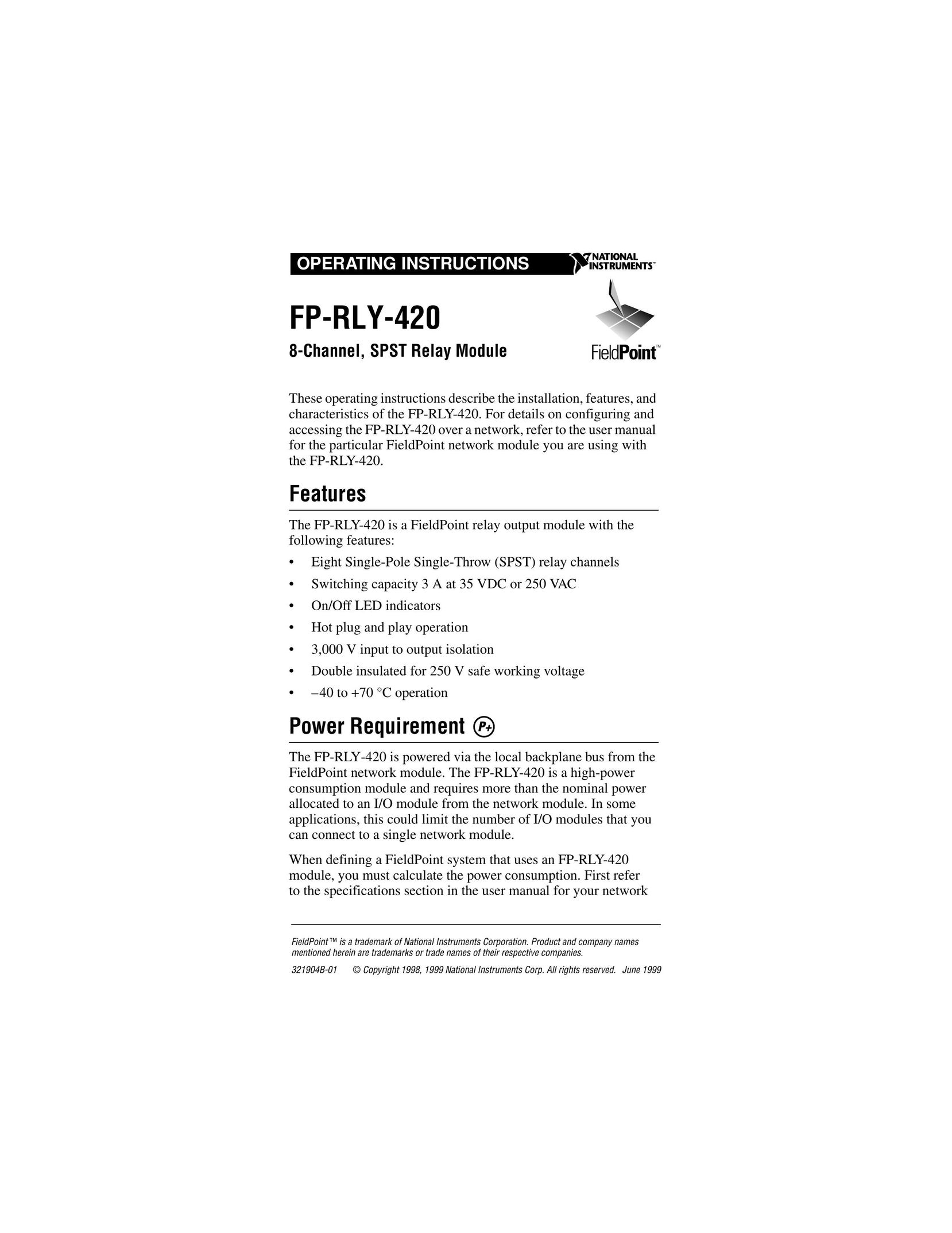 National Instruments FP-RLY-420 Network Card User Manual