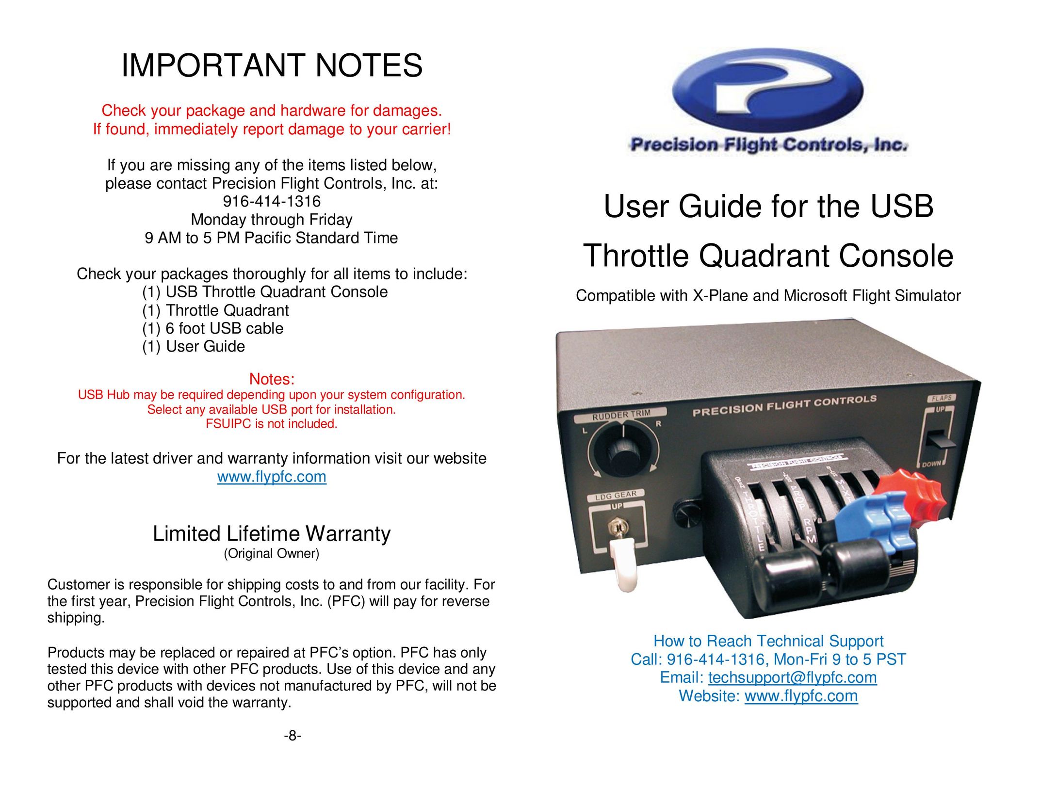 Precision Trading USB Throttle Quadrant Console Network Card User Manual