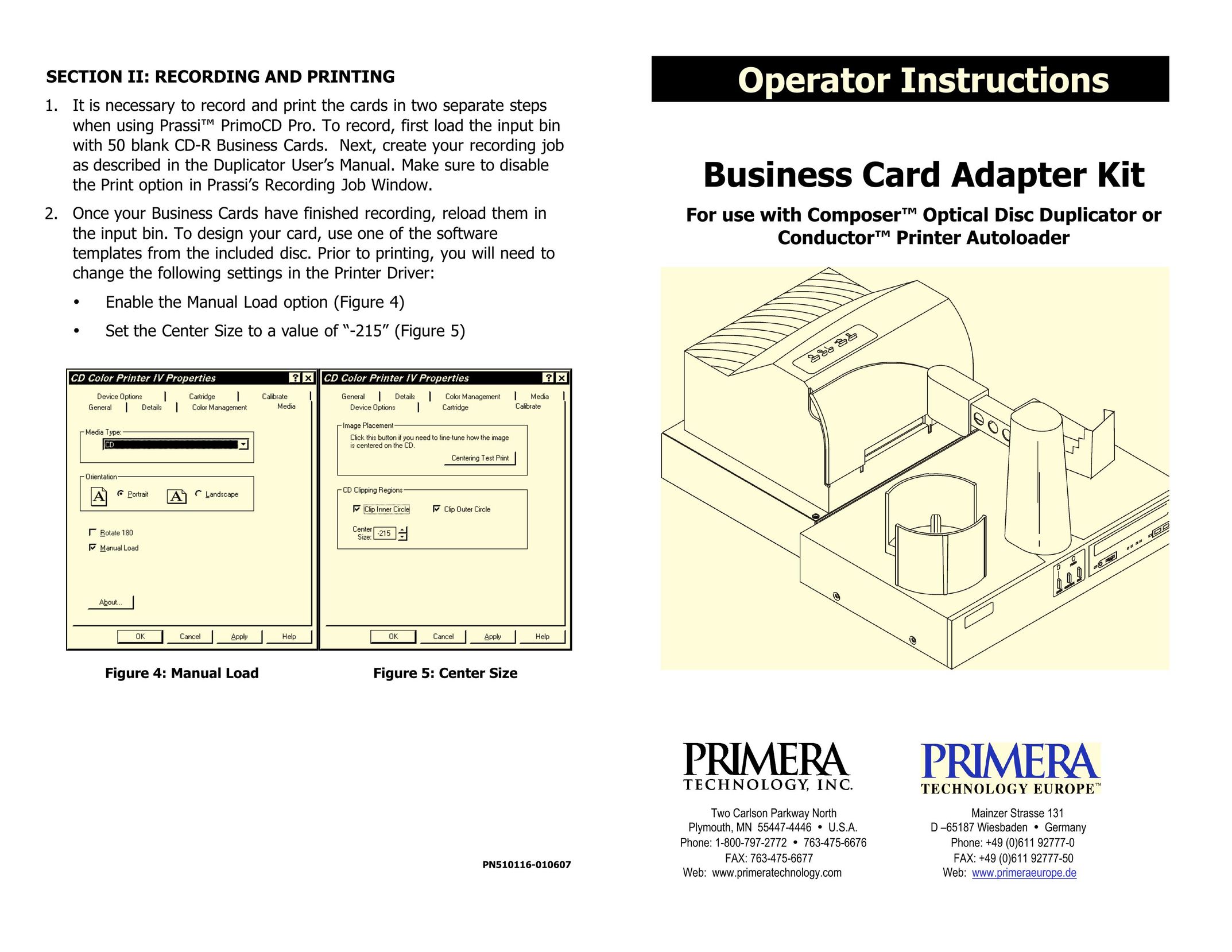 Primera Technology Business Card Adapter Kit Network Card User Manual
