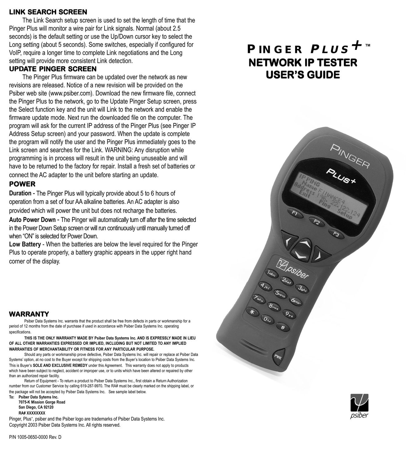 Psiber Data Systems PINGER Network Card User Manual