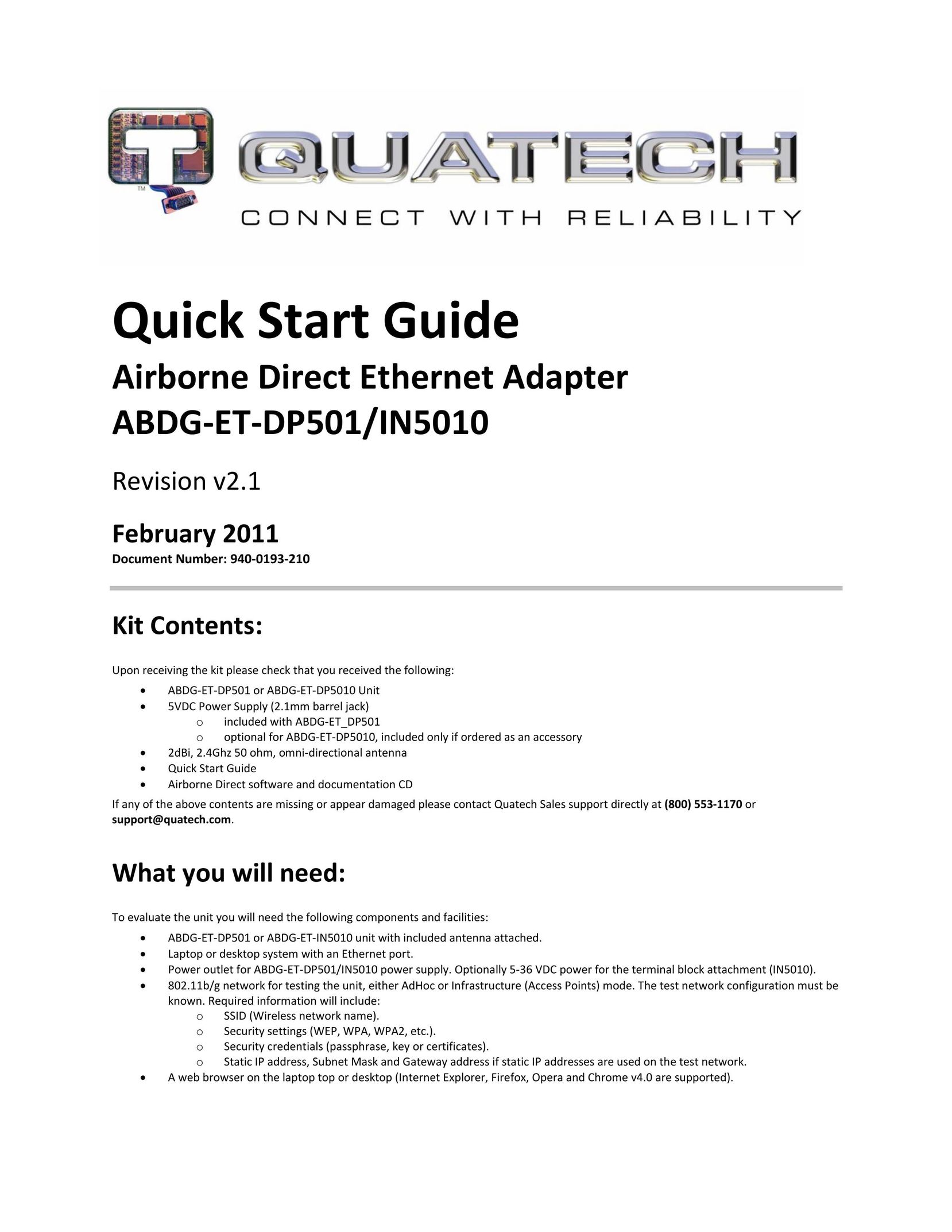 Quatech ABDG-ET-DP501/IN5010 Network Card User Manual