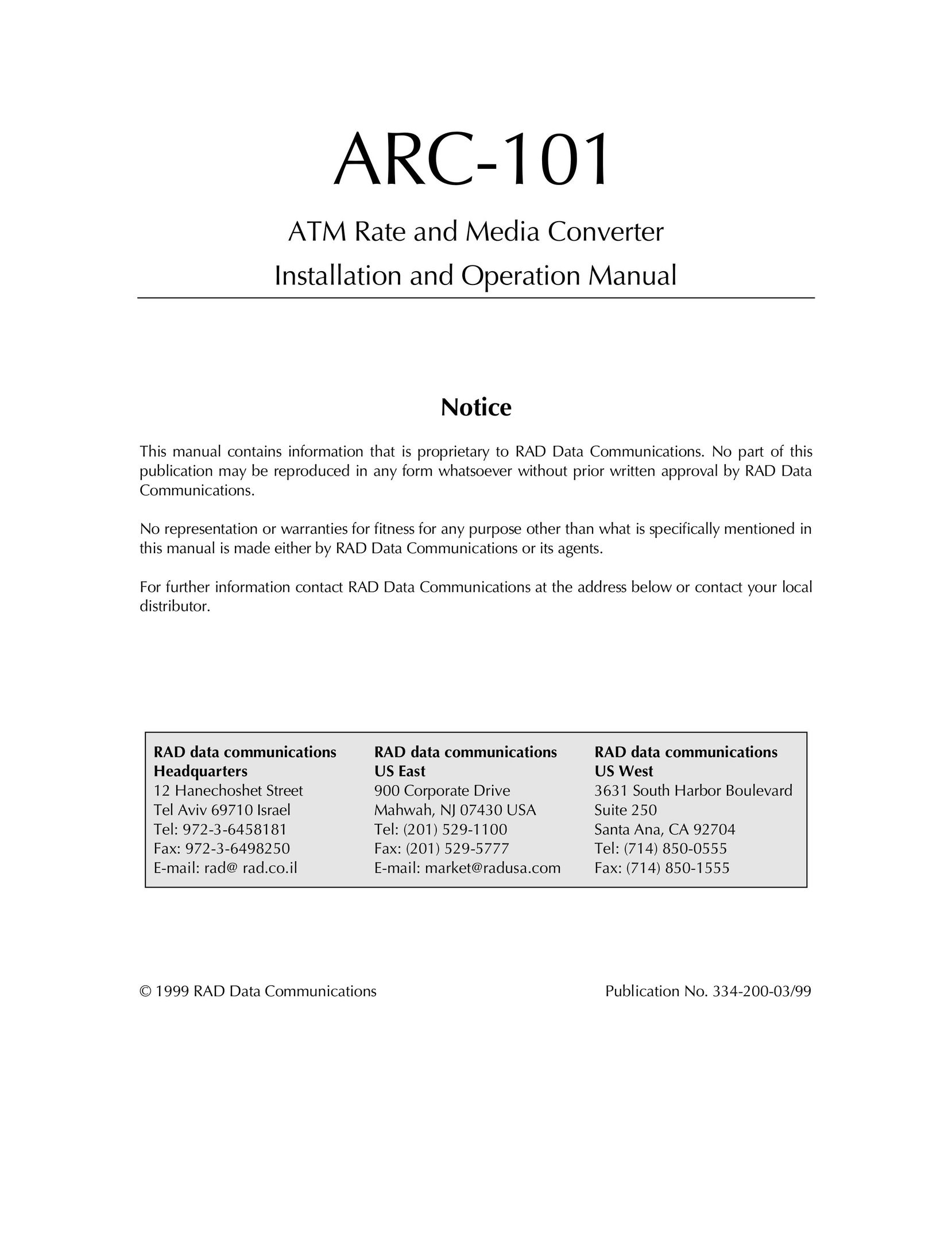 RAD Data comm ARC-101 Network Card User Manual
