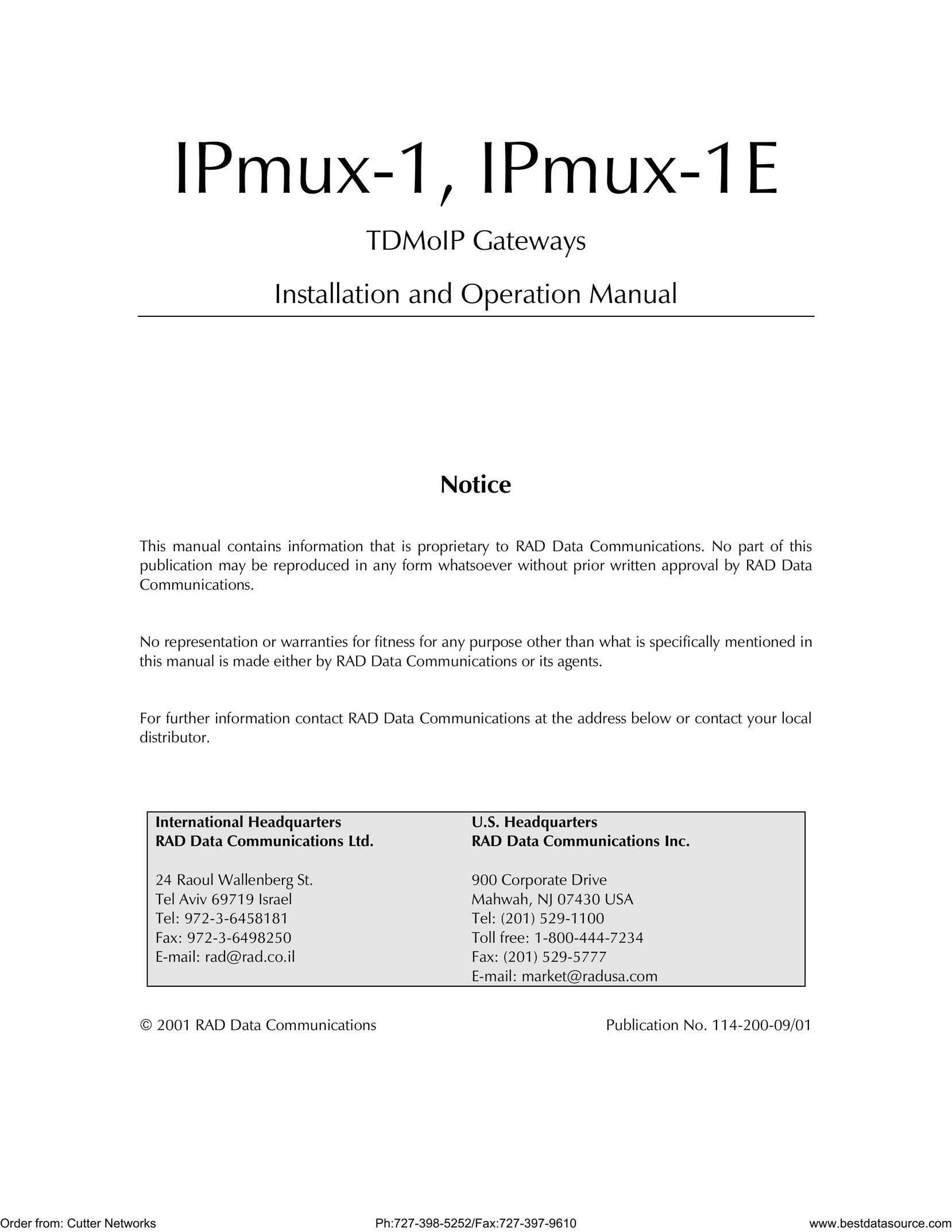 RAD Data comm IPmux-1 Network Card User Manual