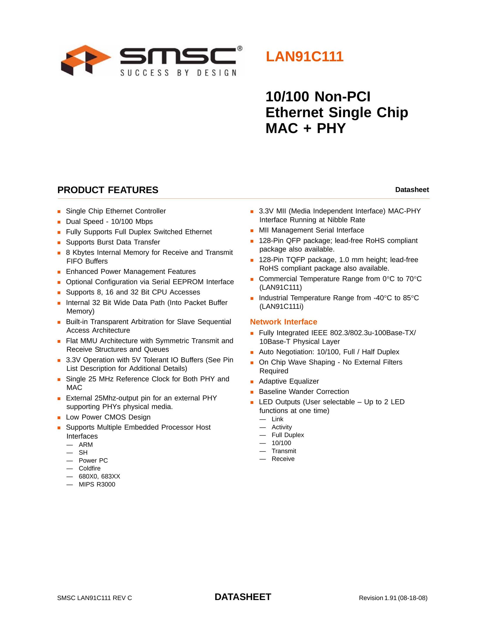 SMSC LAN91C111 Network Card User Manual
