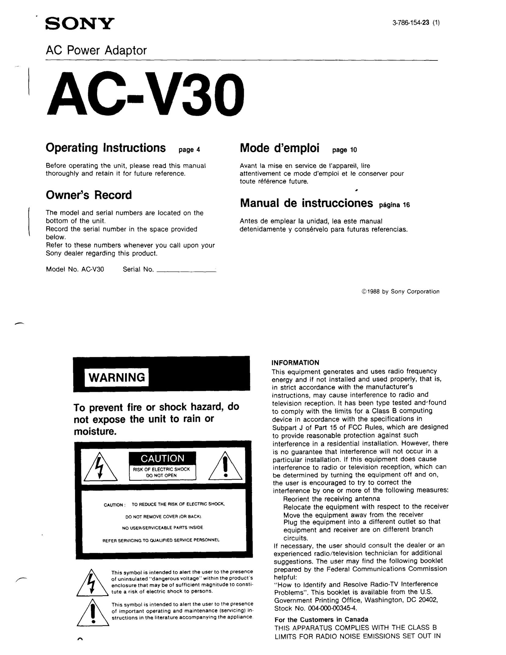 Sony AC-V30 Network Card User Manual
