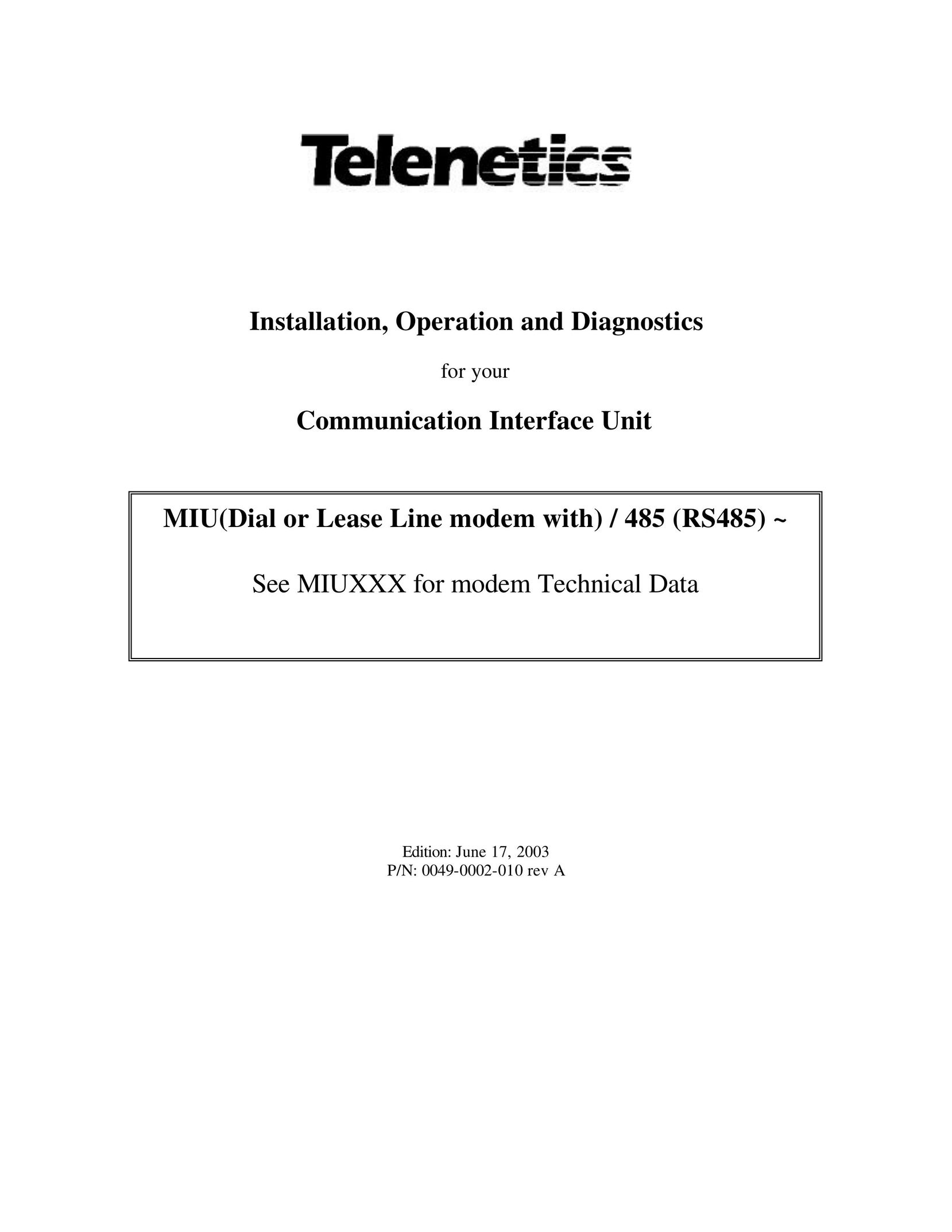 Telenetics MIU Dial or Leased Line modem with RS-485 Network Card User Manual
