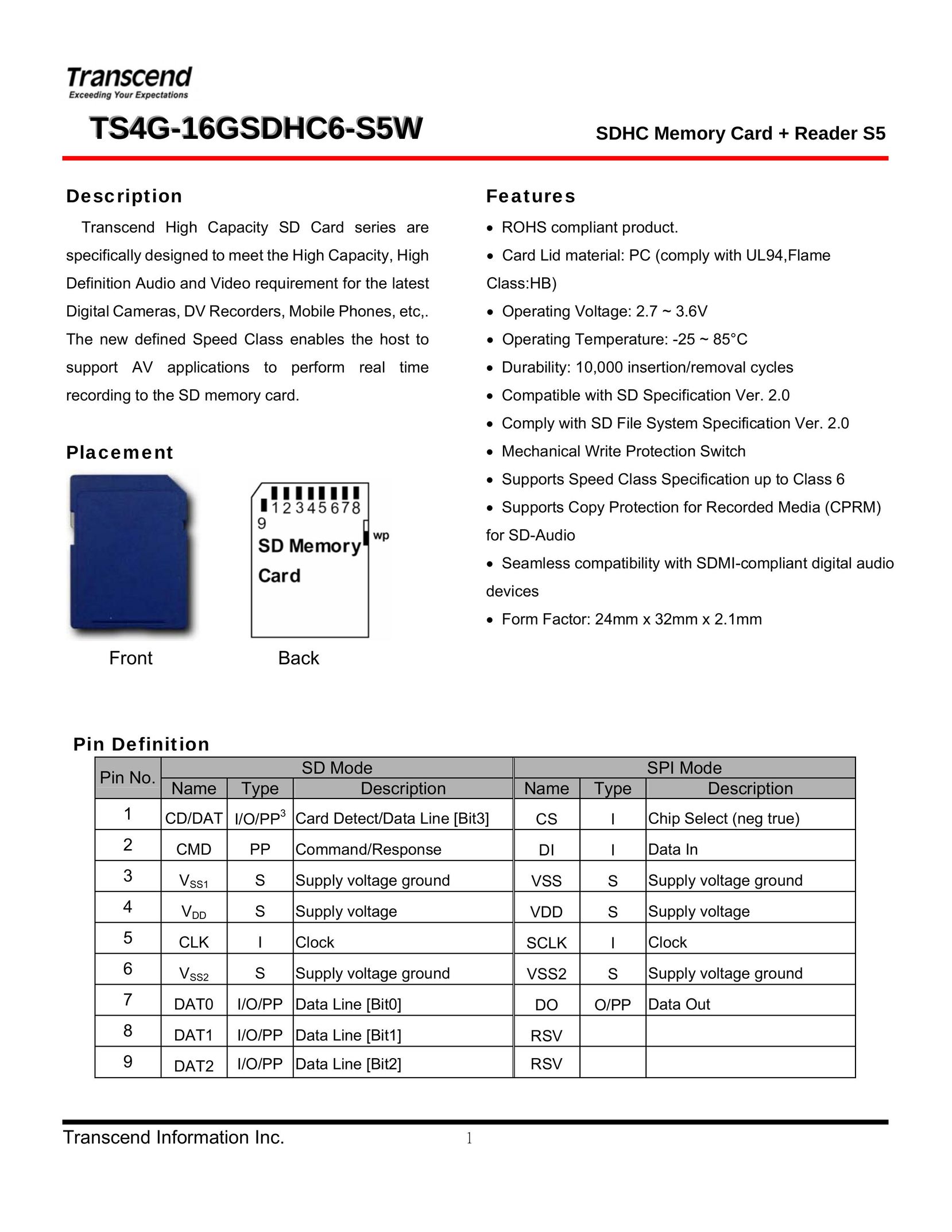 Transcend Information TS4G-16GSDHC6- S5W Network Card User Manual