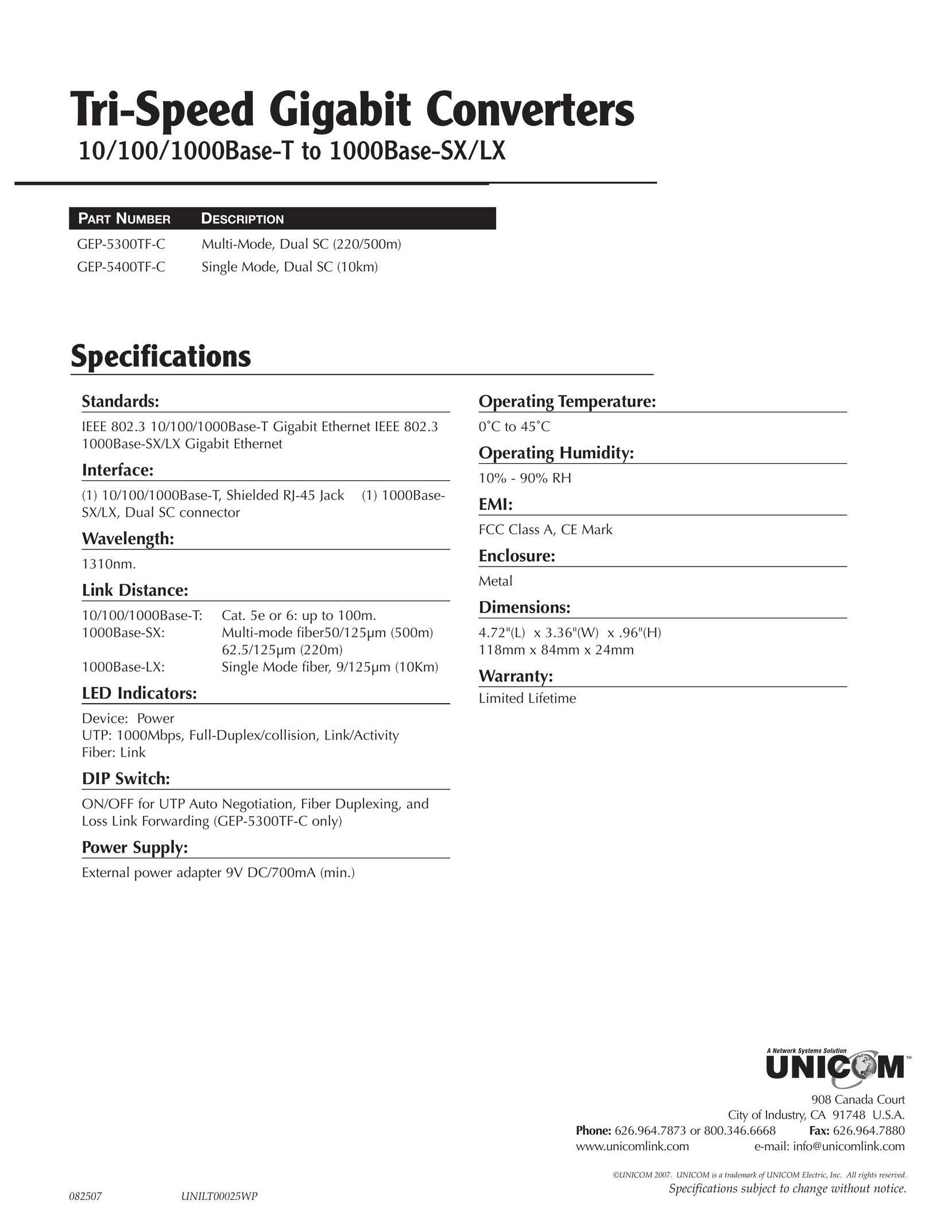 UNICOM Electric 1000Base-LX Network Card User Manual
