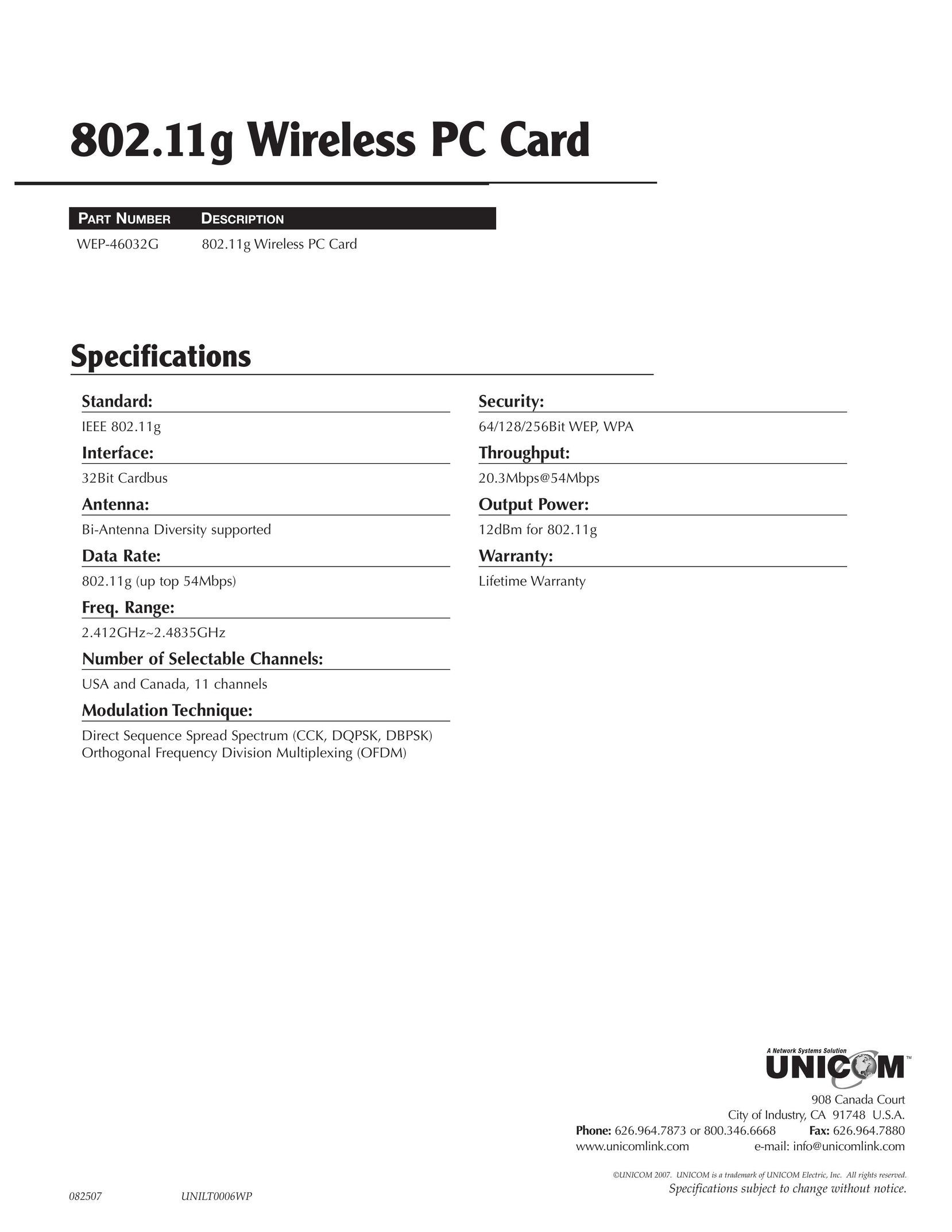 UNICOM Electric 802.11g Network Card User Manual