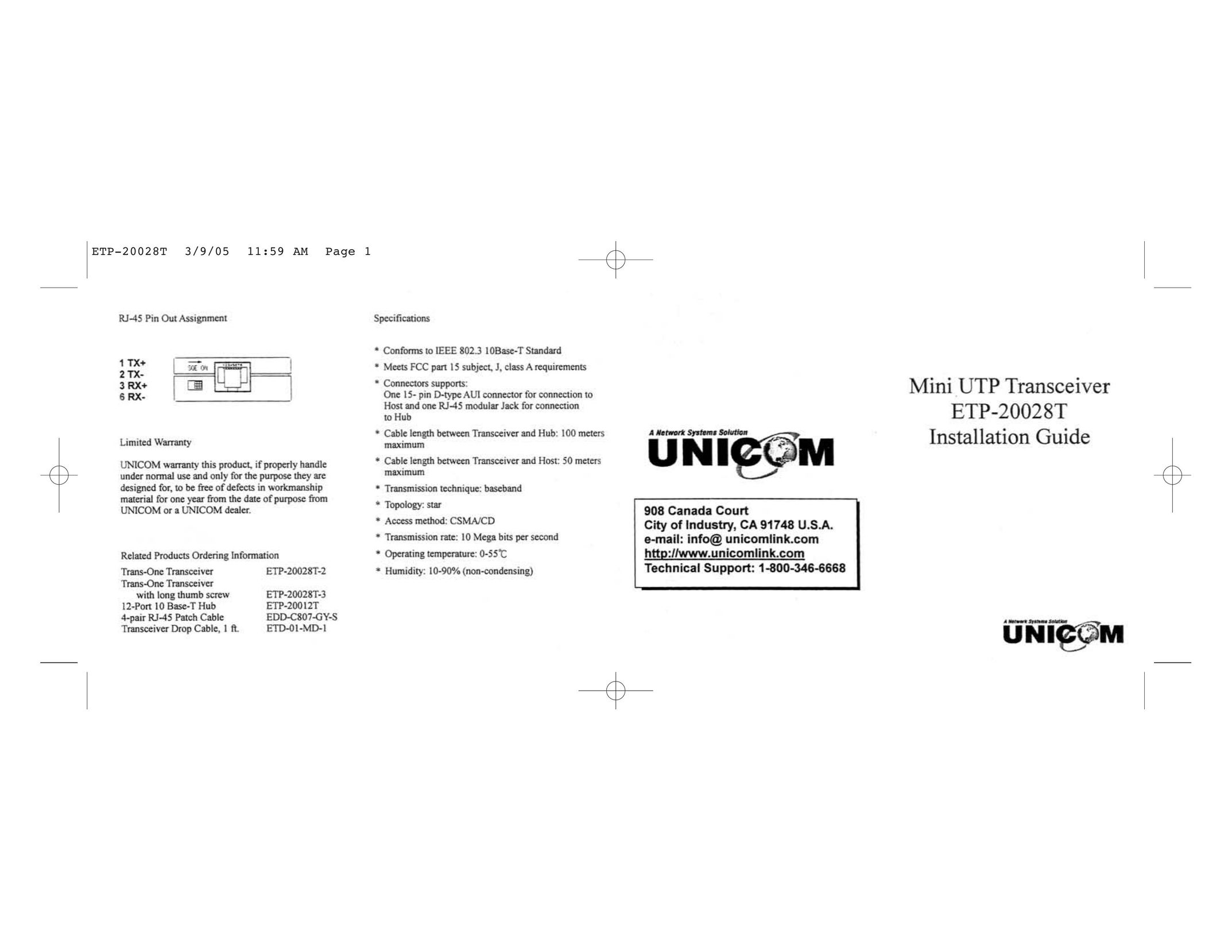 UNICOM Electric ETP-20028T Network Card User Manual