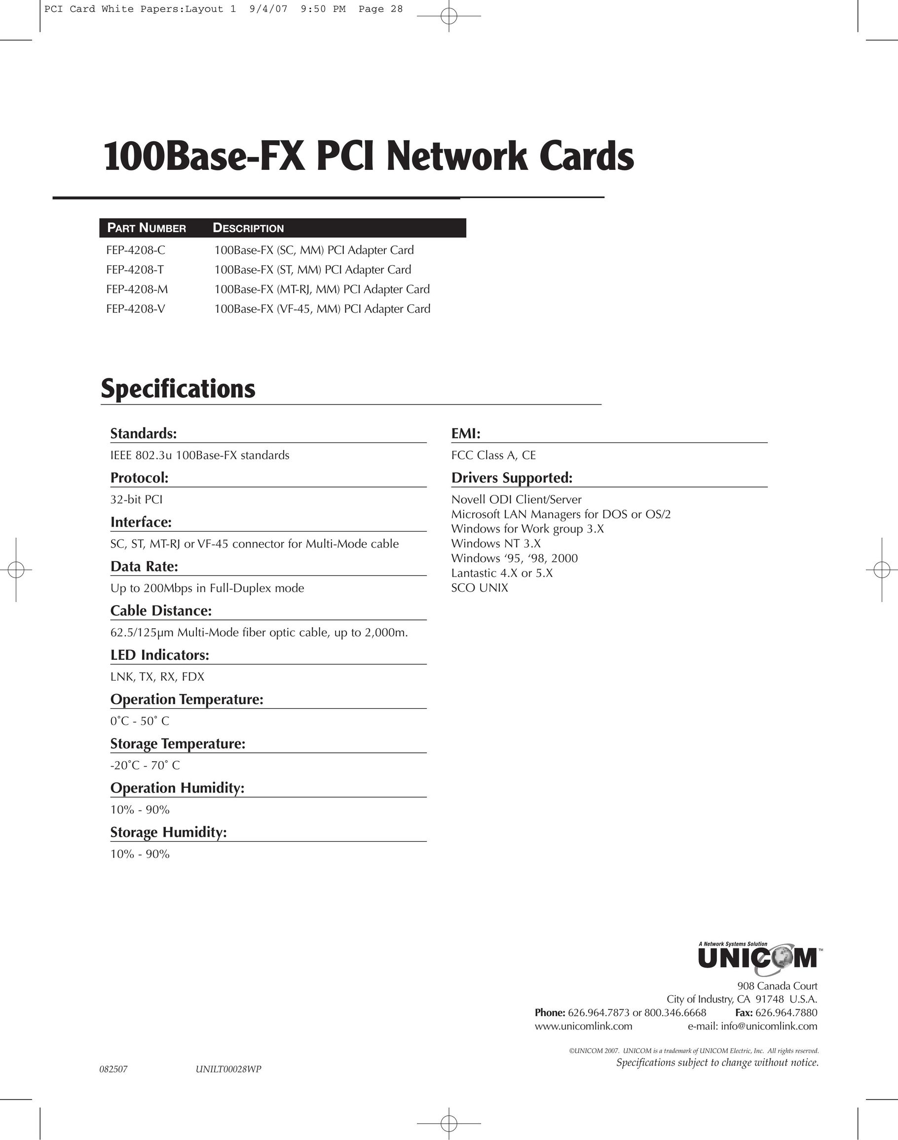 UNICOM Electric FEP-4208-V Network Card User Manual