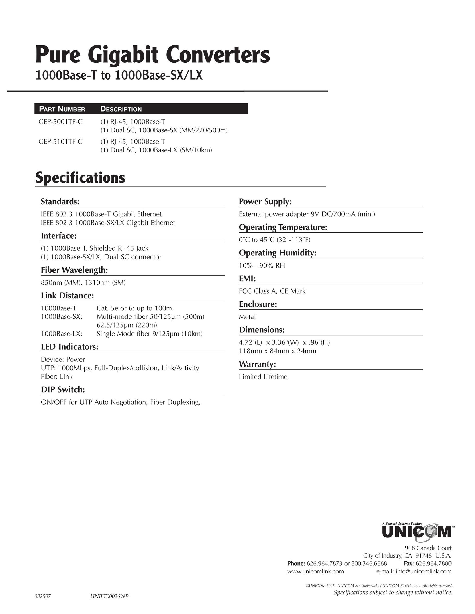 UNICOM Electric GEP-5001TF-C Network Card User Manual