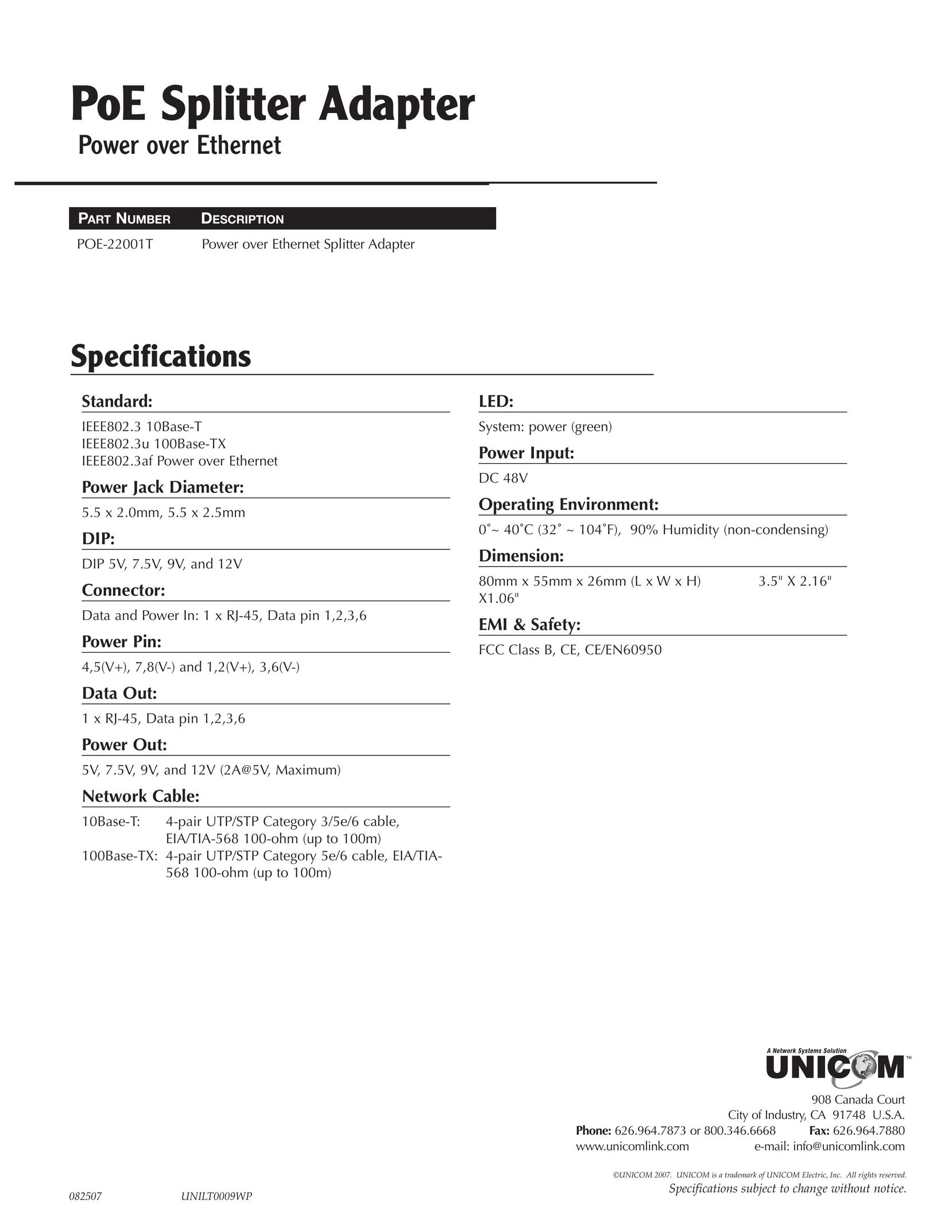 UNICOM Electric POE-22001T Network Card User Manual
