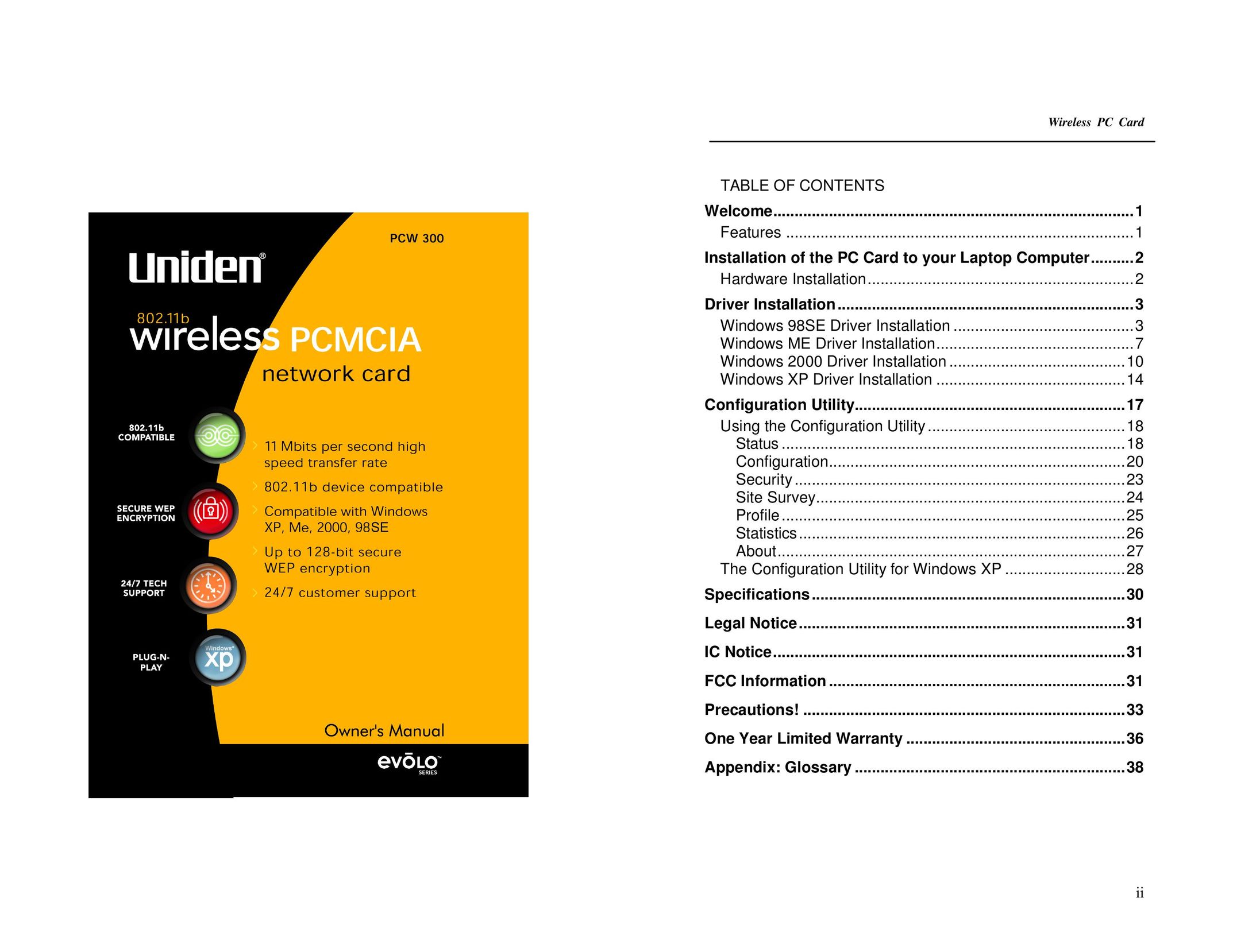 Uniden PCW300 Network Card User Manual