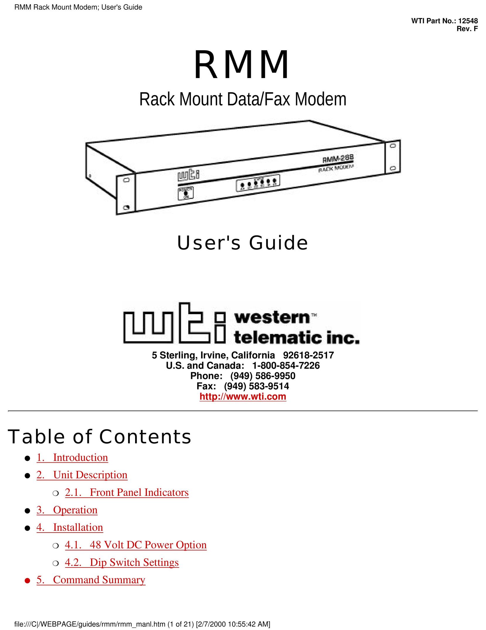 Western Telematic RMM-288 Network Card User Manual