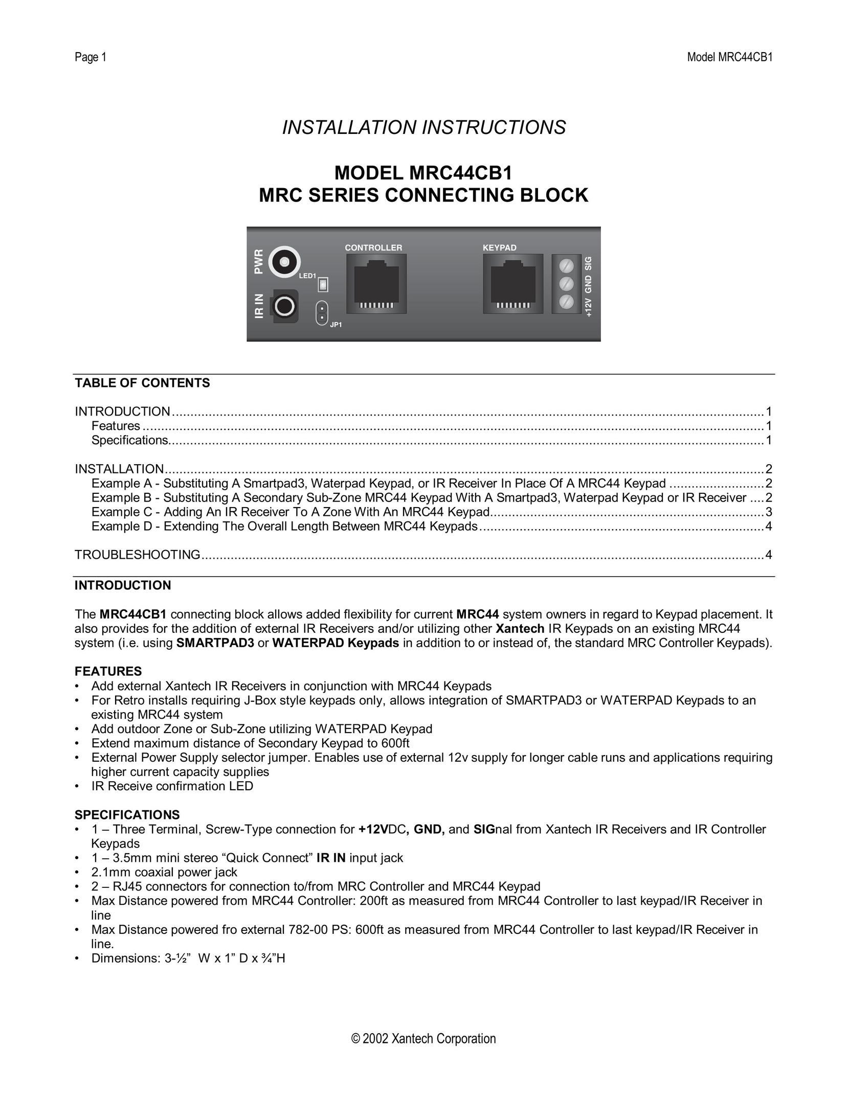 Xantech MRC44CB1 Network Card User Manual