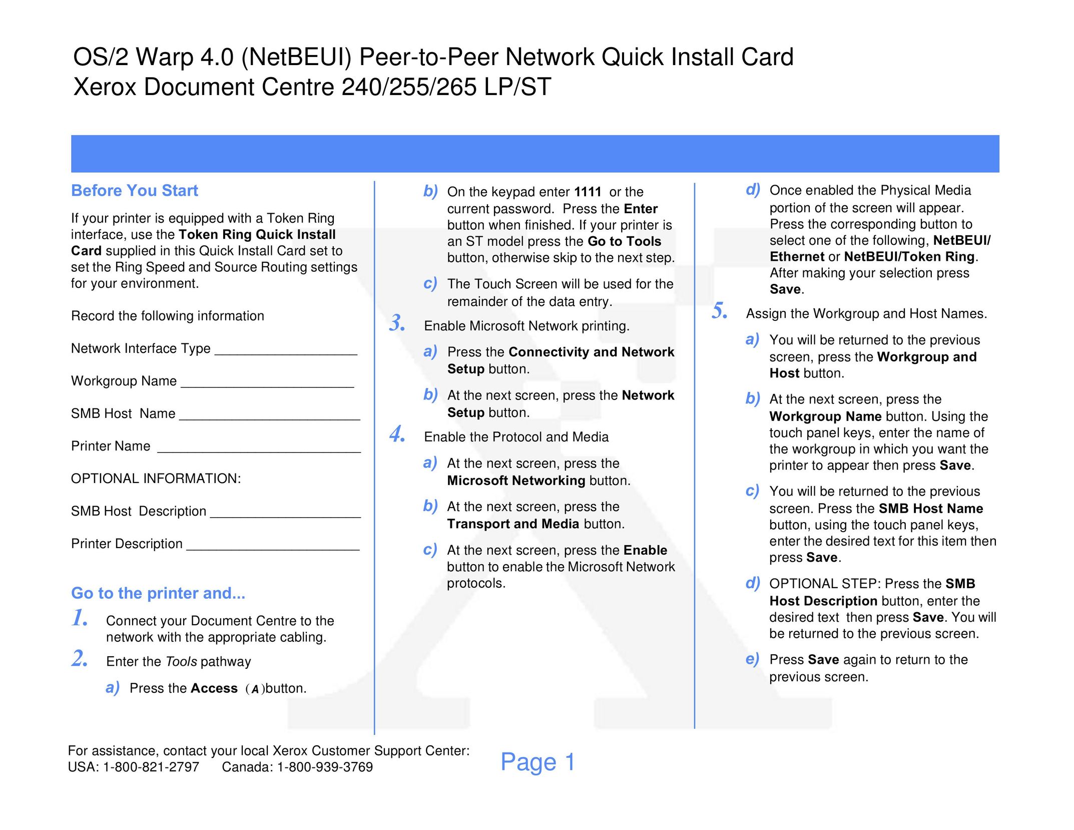Xerox OS/2 WARP 4.0 Network Card User Manual