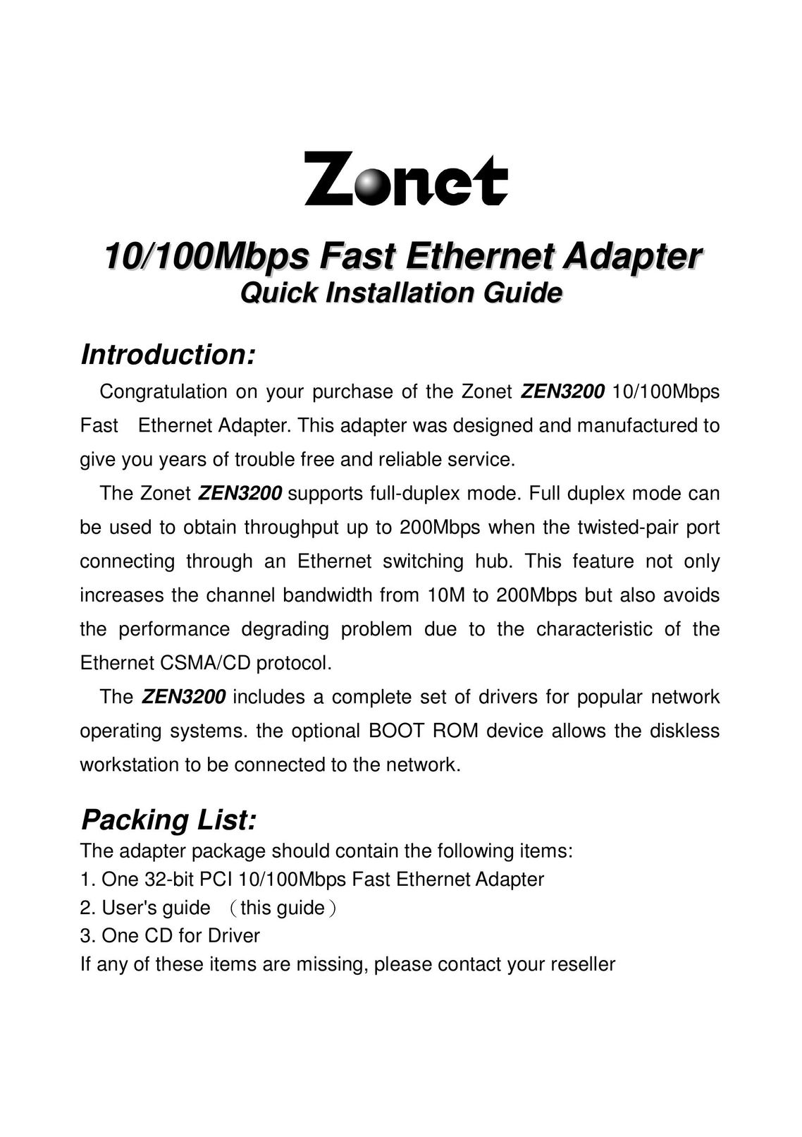 Zonet Technology ZEN3200 Network Card User Manual