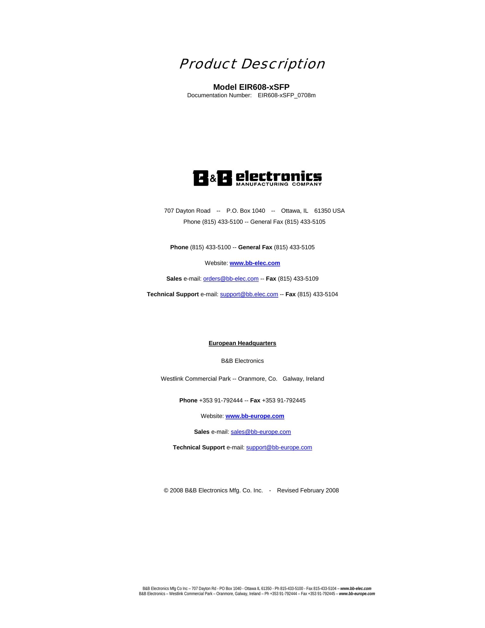 B&B Electronics EIR608-xSFP Network Hardware User Manual