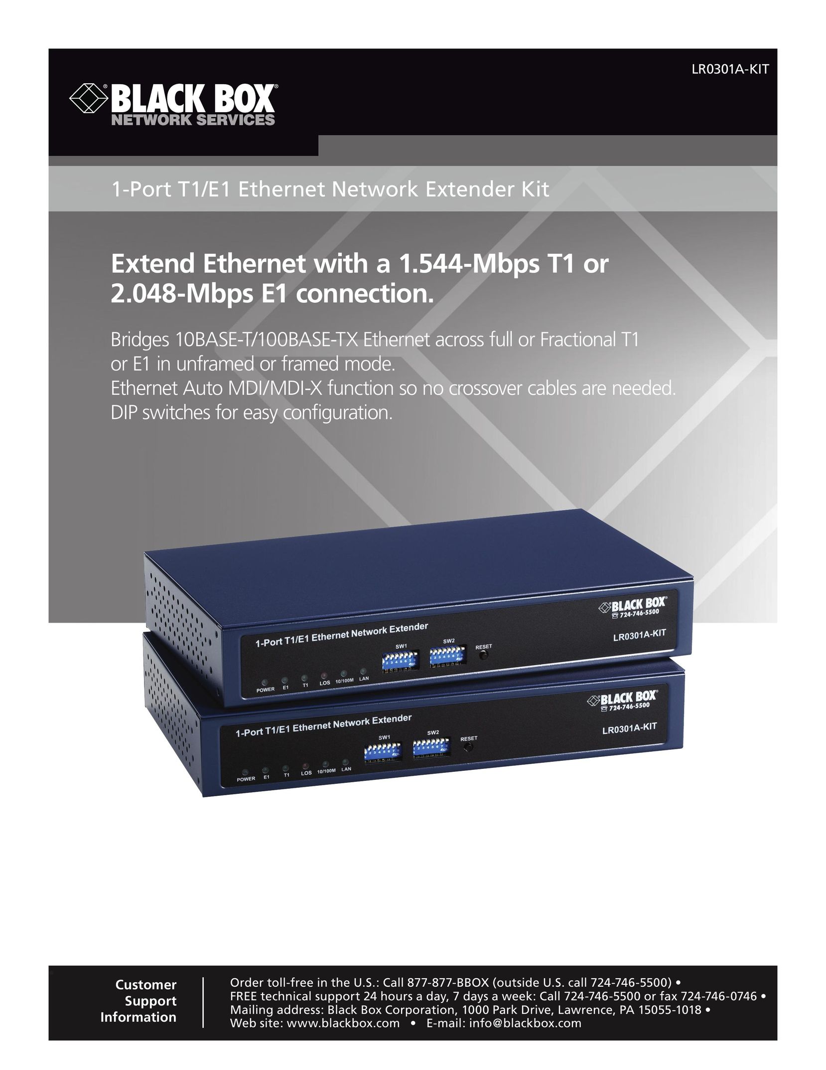 Black Box 1-Port T1/E1 Ethernet Network Extender Kit Network Hardware User Manual