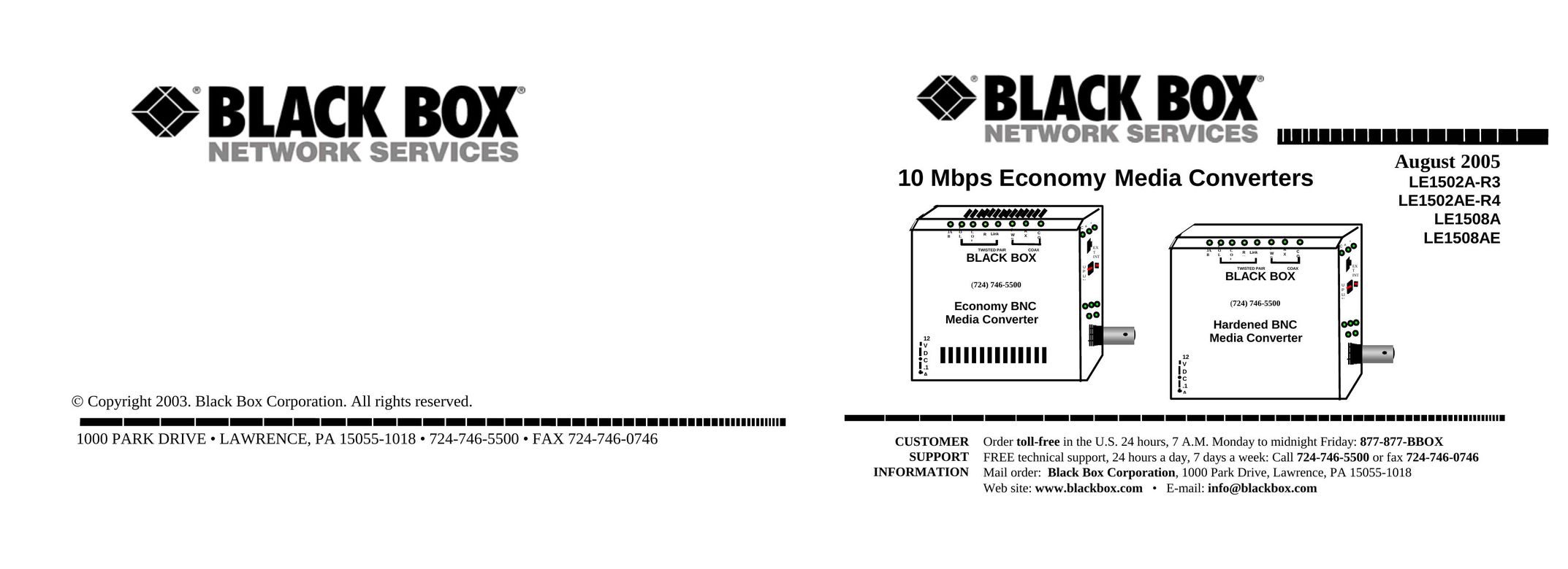 Black Box 10 mbps economy media converters Network Hardware User Manual
