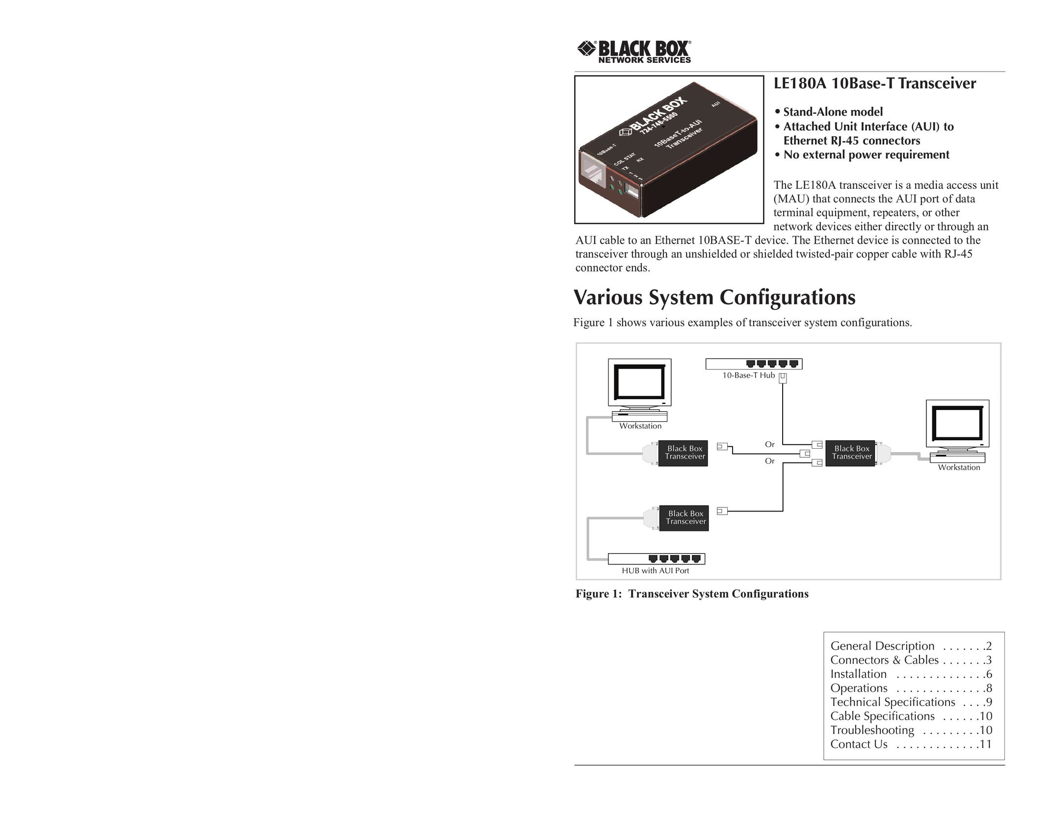 Black Box 10Base-T Transceiver Stand-Alone model Network Hardware User Manual