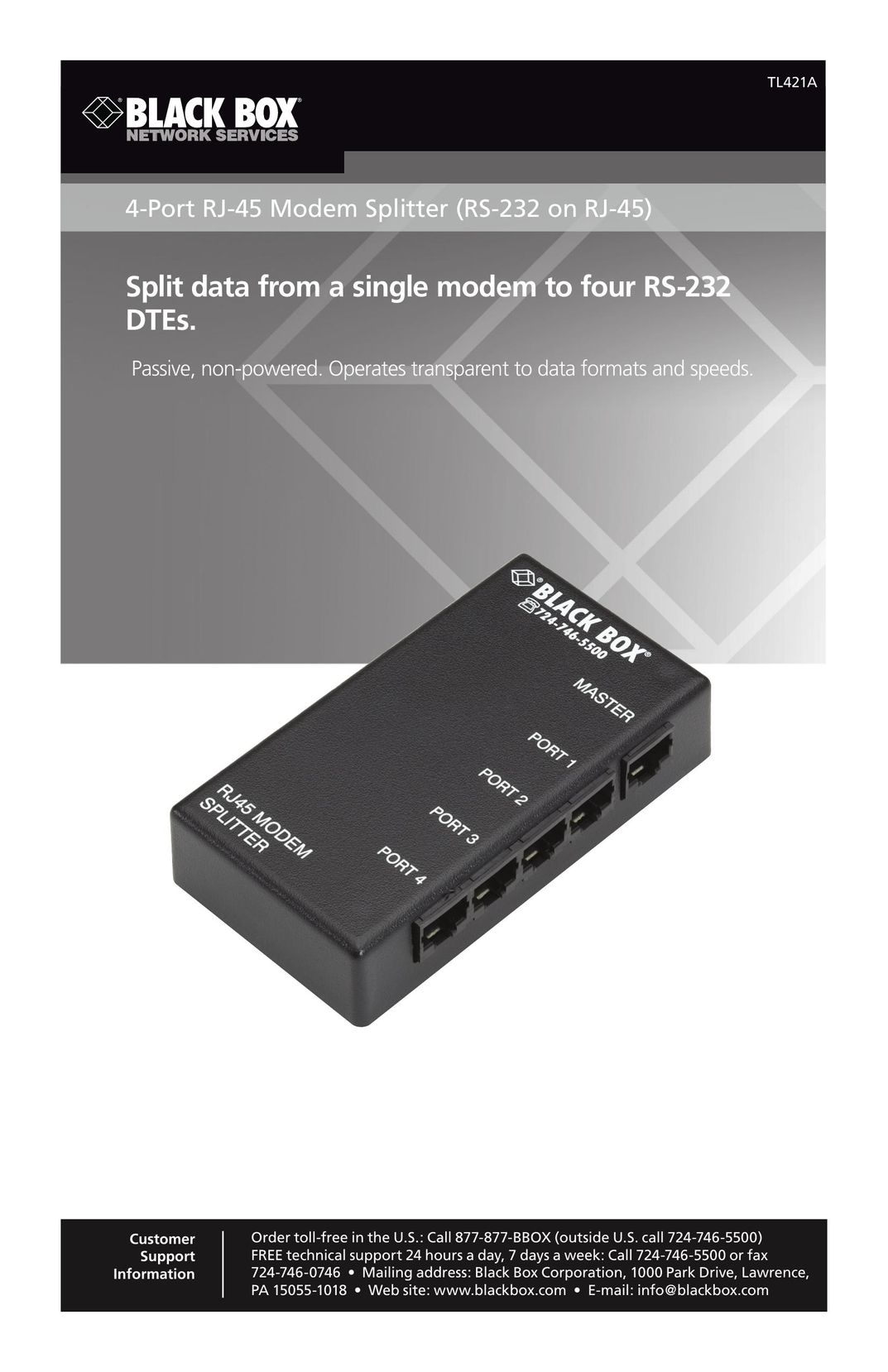 Black Box 4-Port RJ-45 Modem Splitter (RS-232 on RJ-45) Network Hardware User Manual