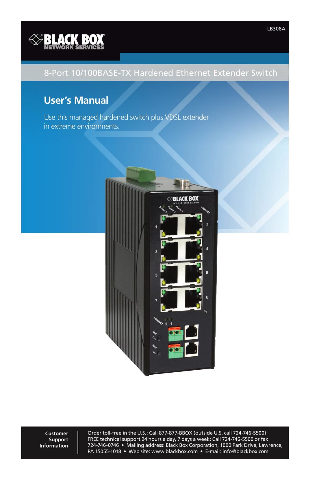 Black Box 8-port 10/100base-tx hardened ethernet extender switch Network Hardware User Manual