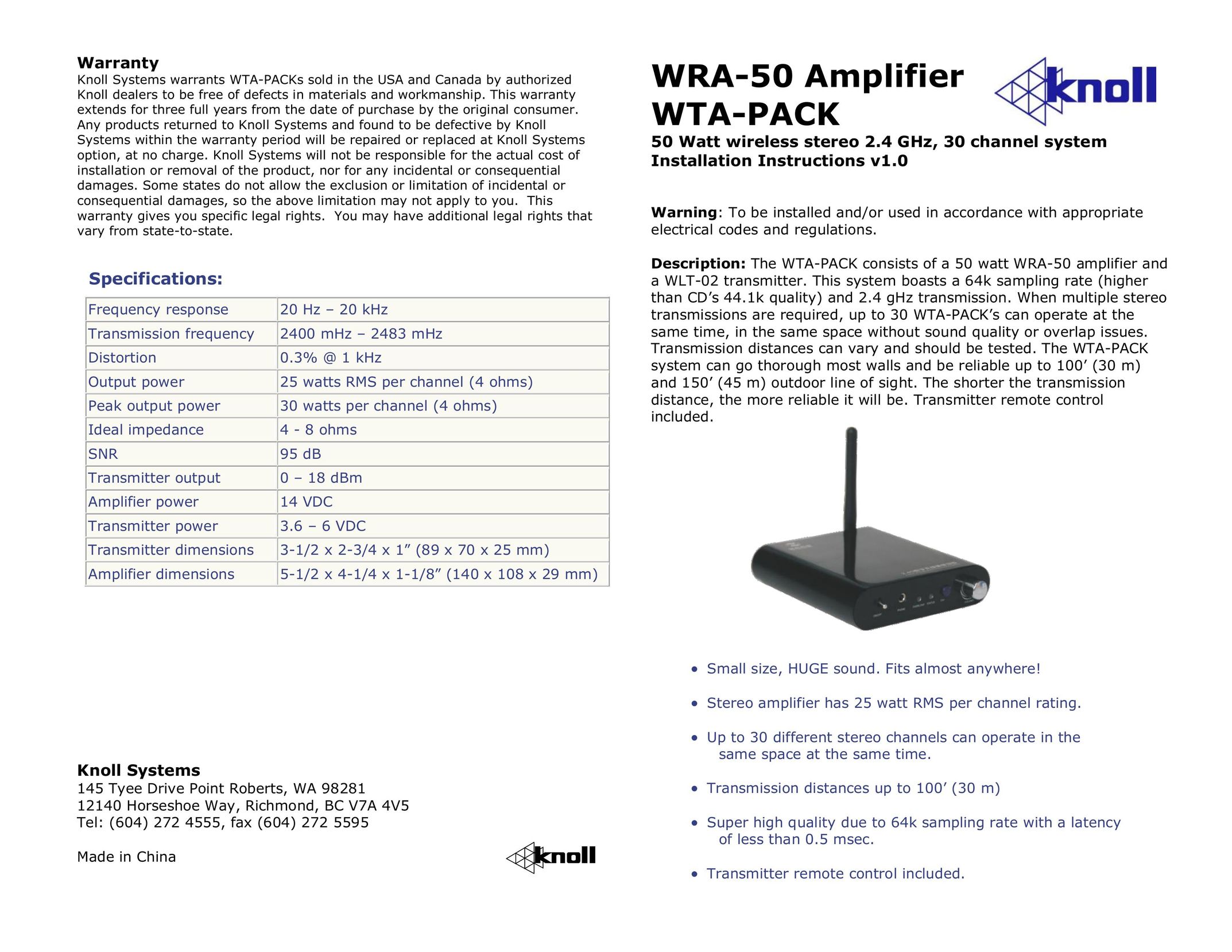 Knoll Systems WRA-50 Network Hardware User Manual