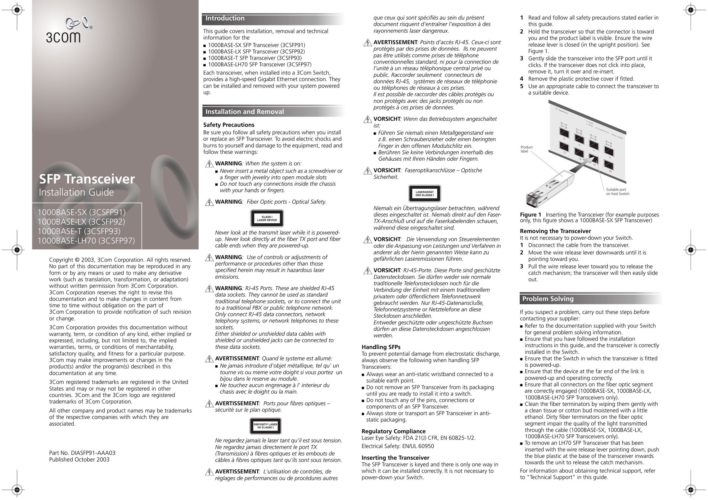 3Com 1000BASE-LH70 (3CSFP97) Network Router User Manual