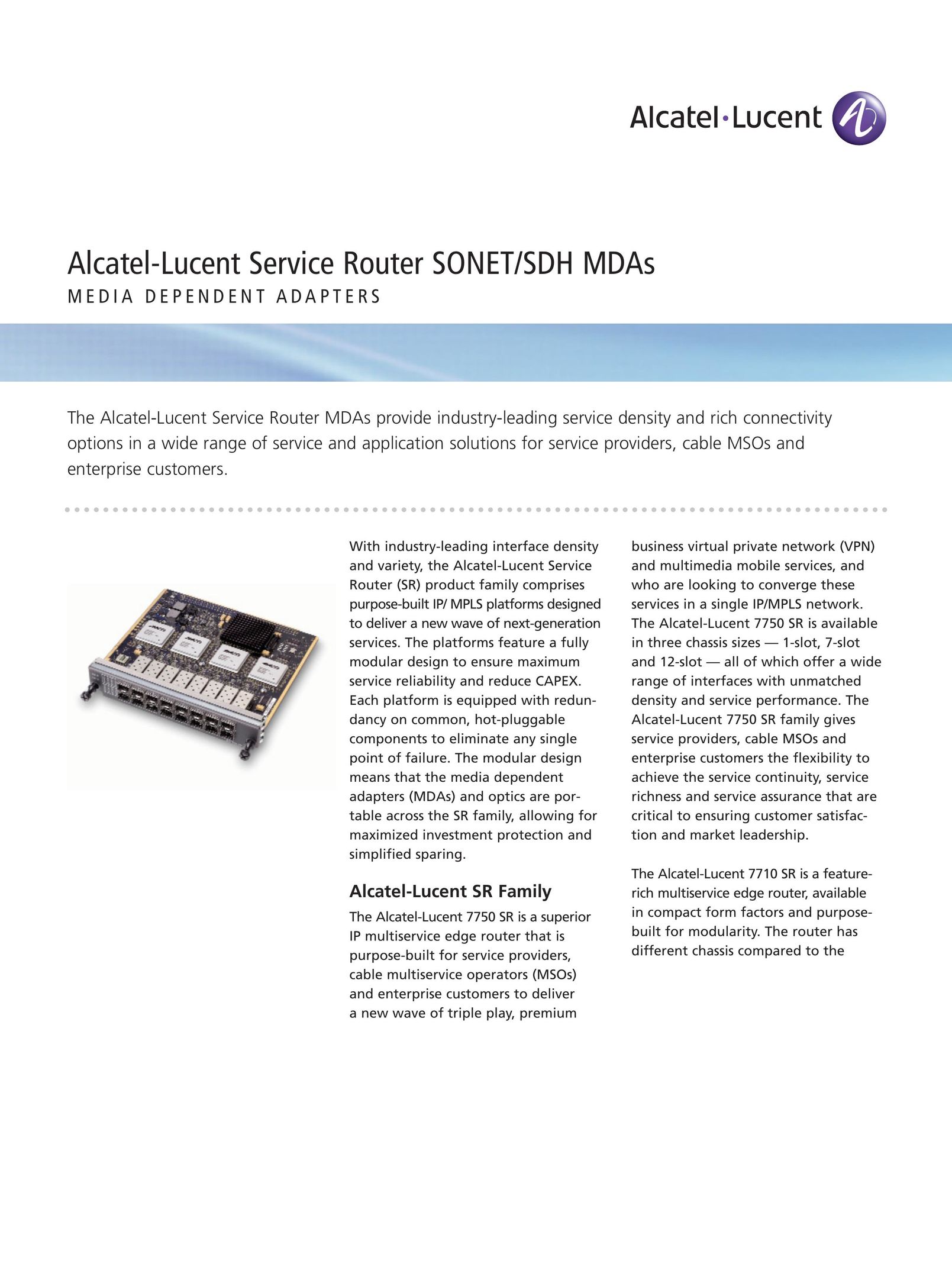 Alcatel-Lucent SONET/SDH MDAs Network Router User Manual