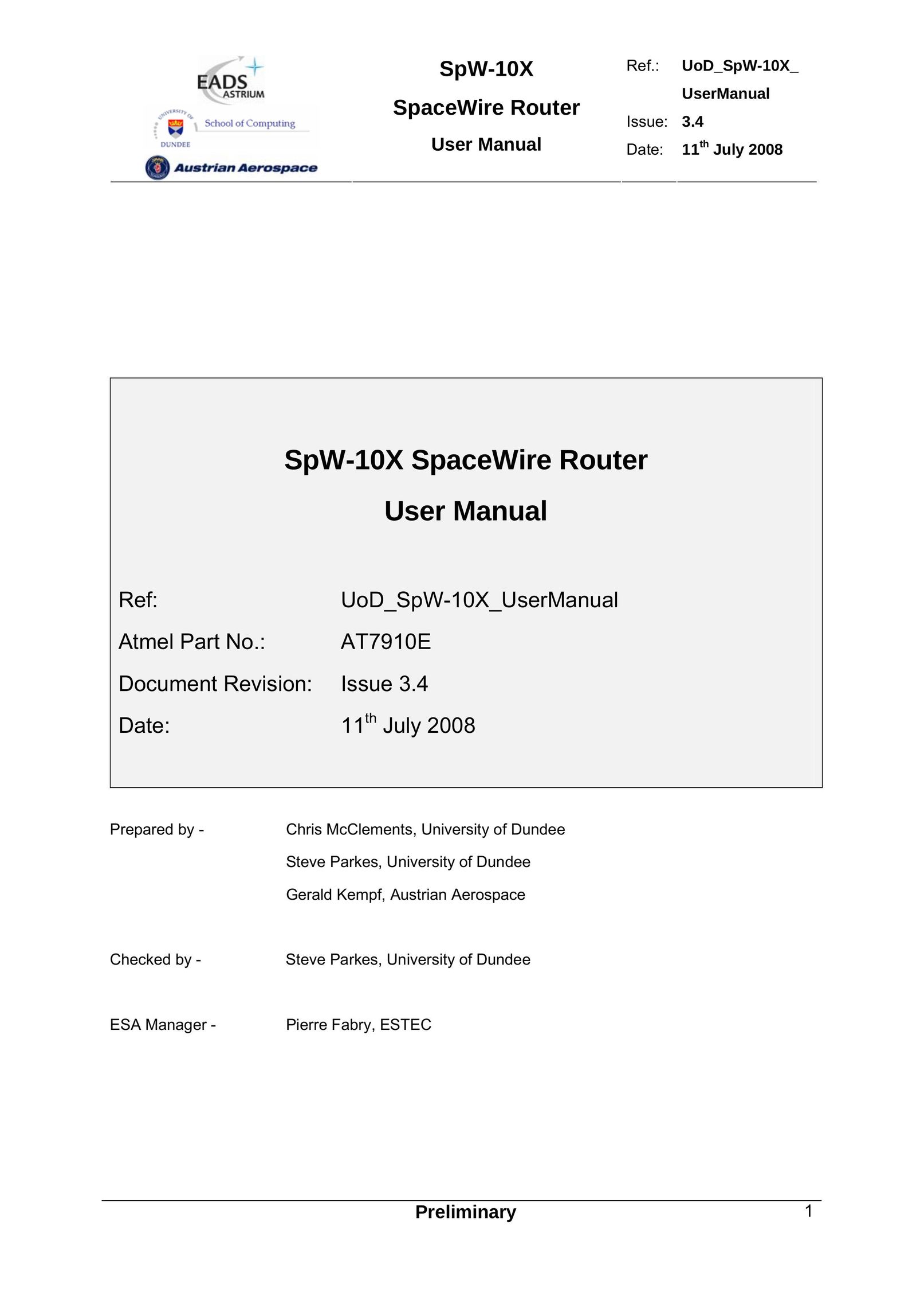 Atmel SpW-10X Network Router User Manual