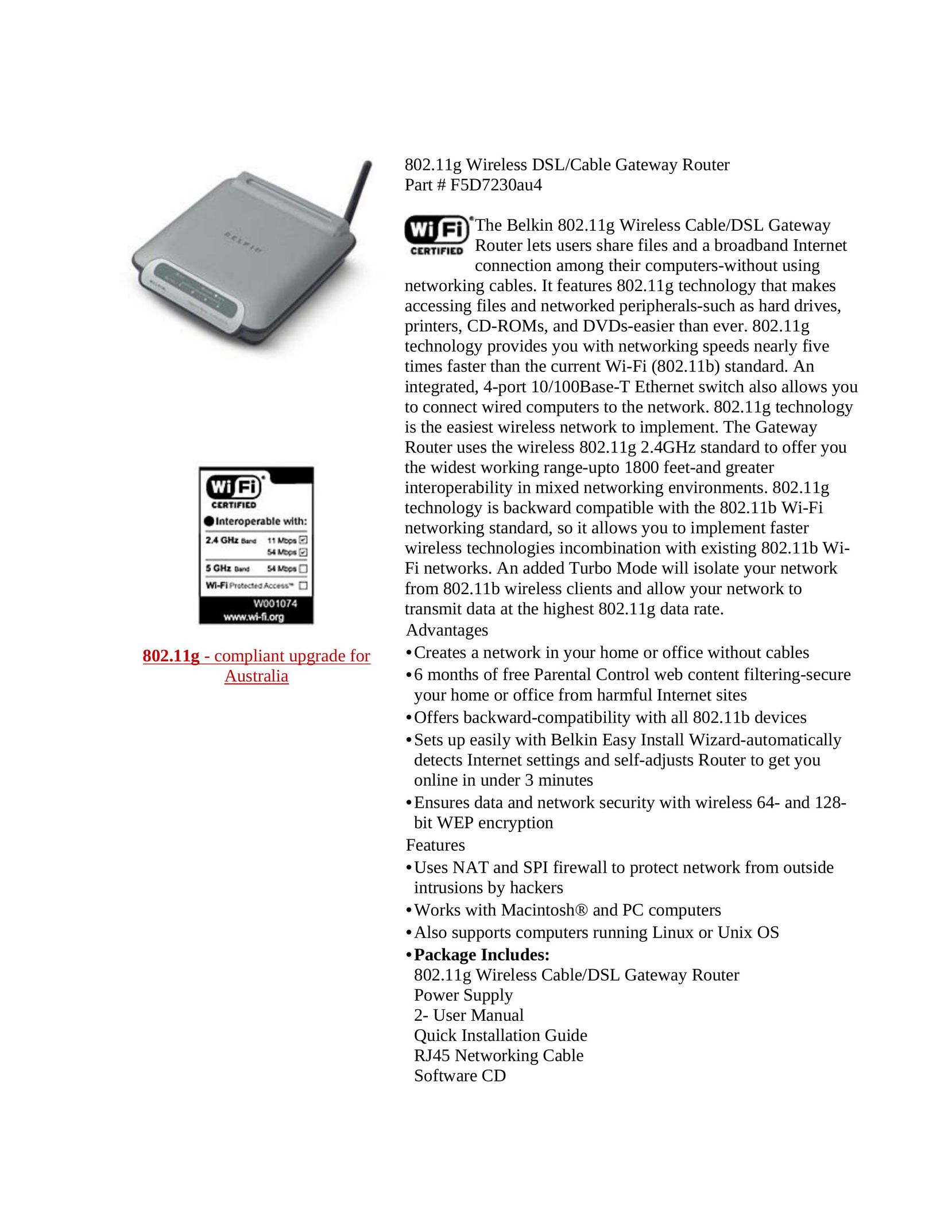 Belkin F5D7230au4 Network Router User Manual