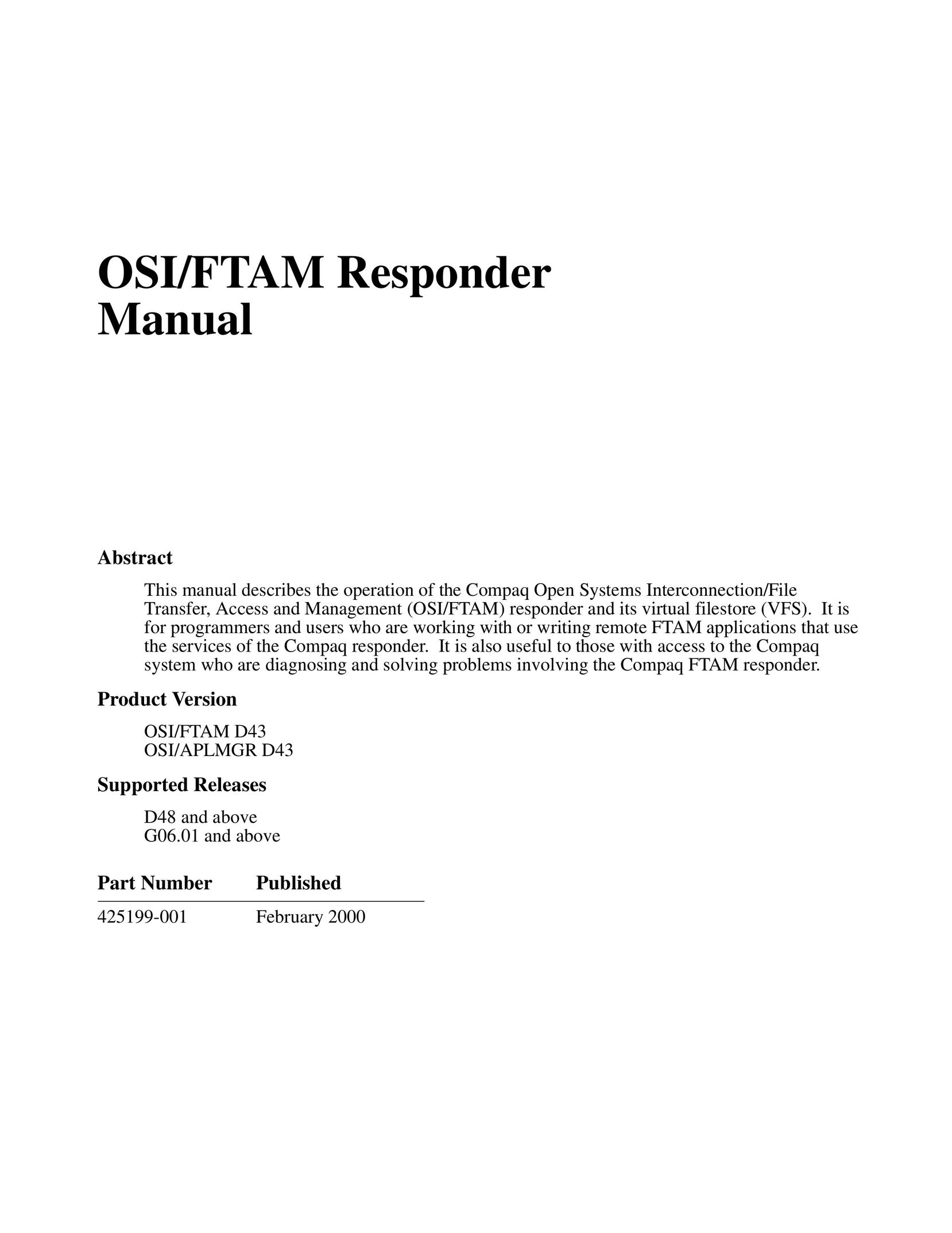 Compaq OSI/FTAM D43 Network Router User Manual