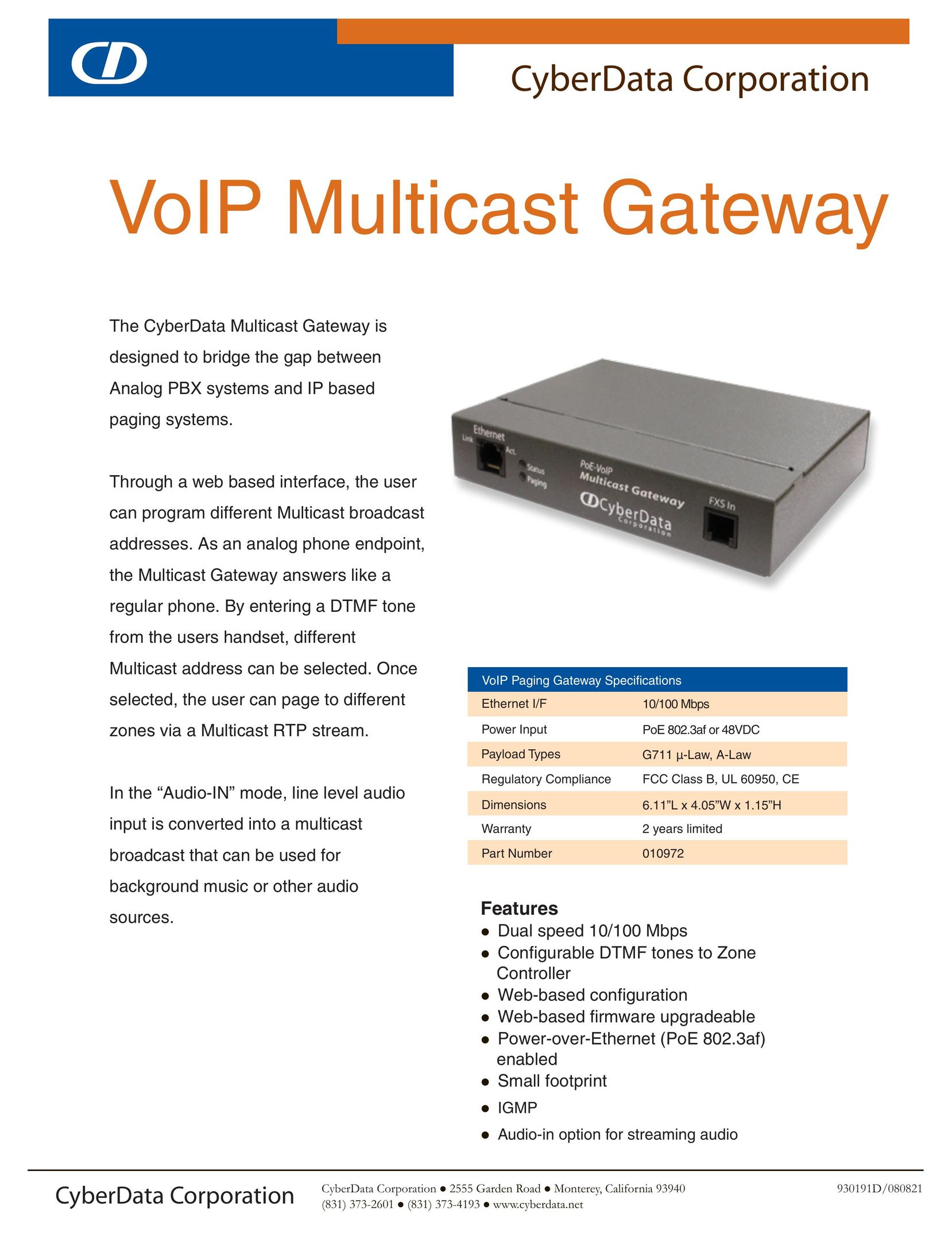 CyberData VoIP Multicast Gateway Network Router User Manual