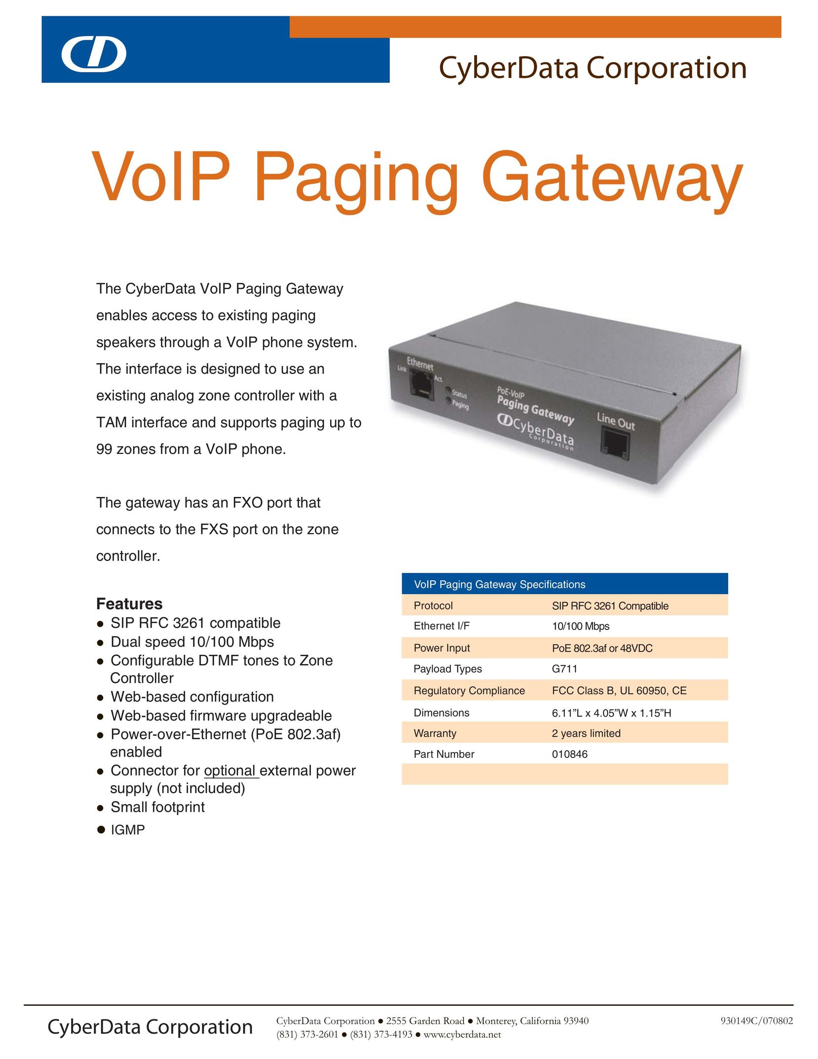 CyberData VoIP Paging Gateway Network Router User Manual