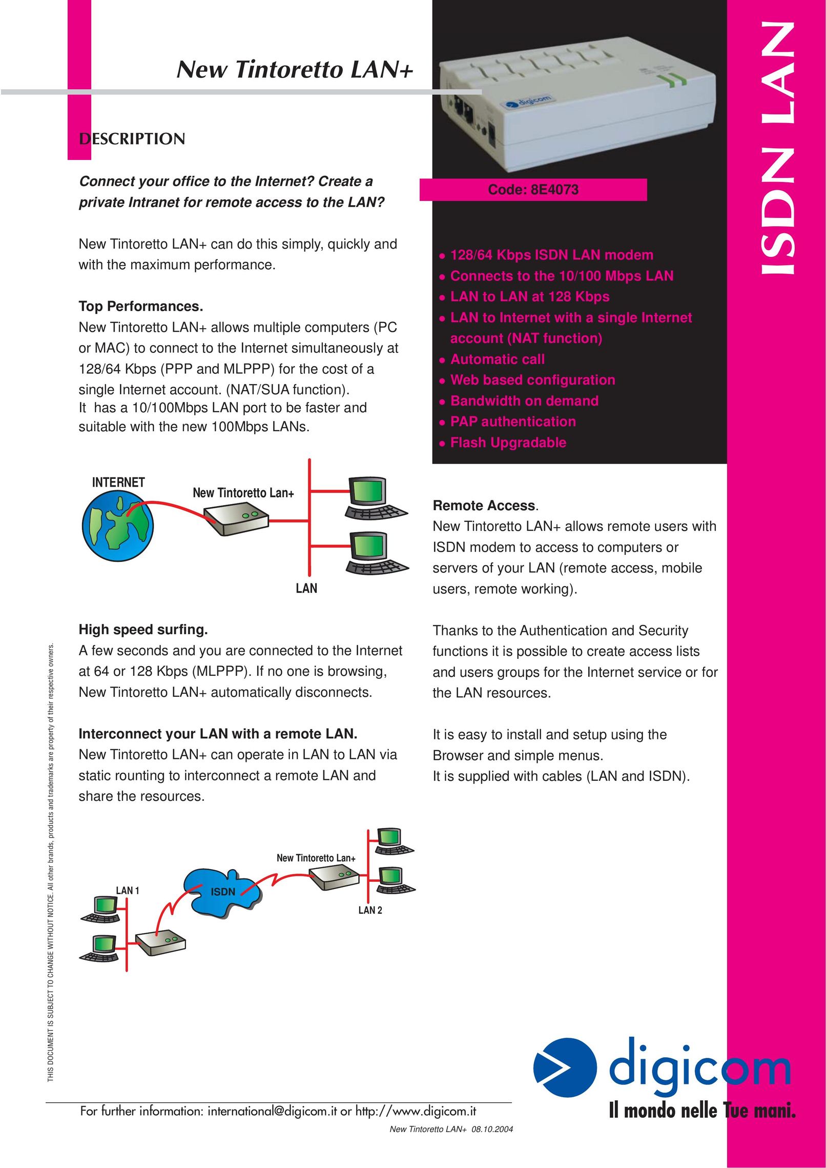 Digicom ISDN LAN Modem Network Router User Manual
