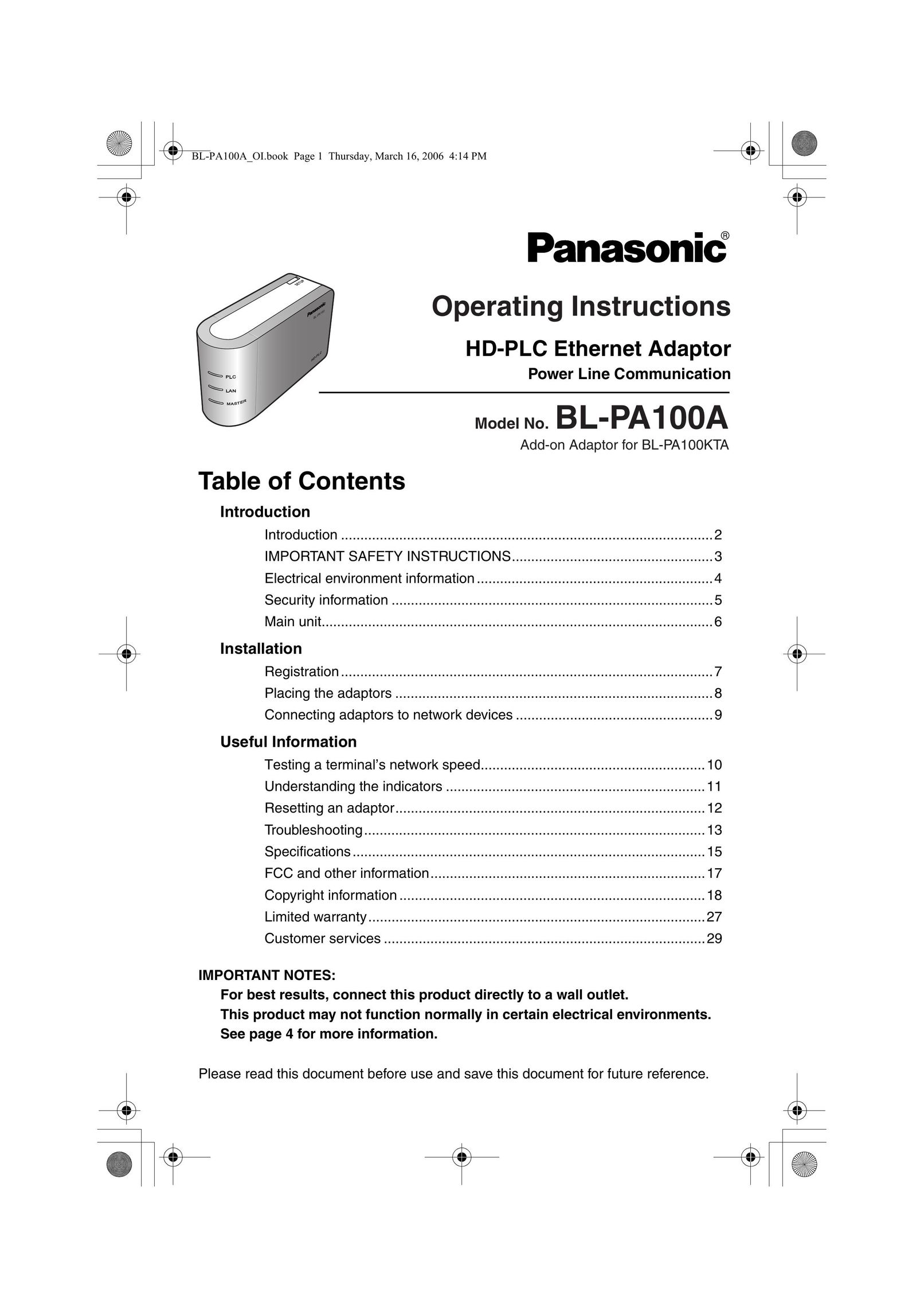 Panasonic BL-PA100A Network Router User Manual