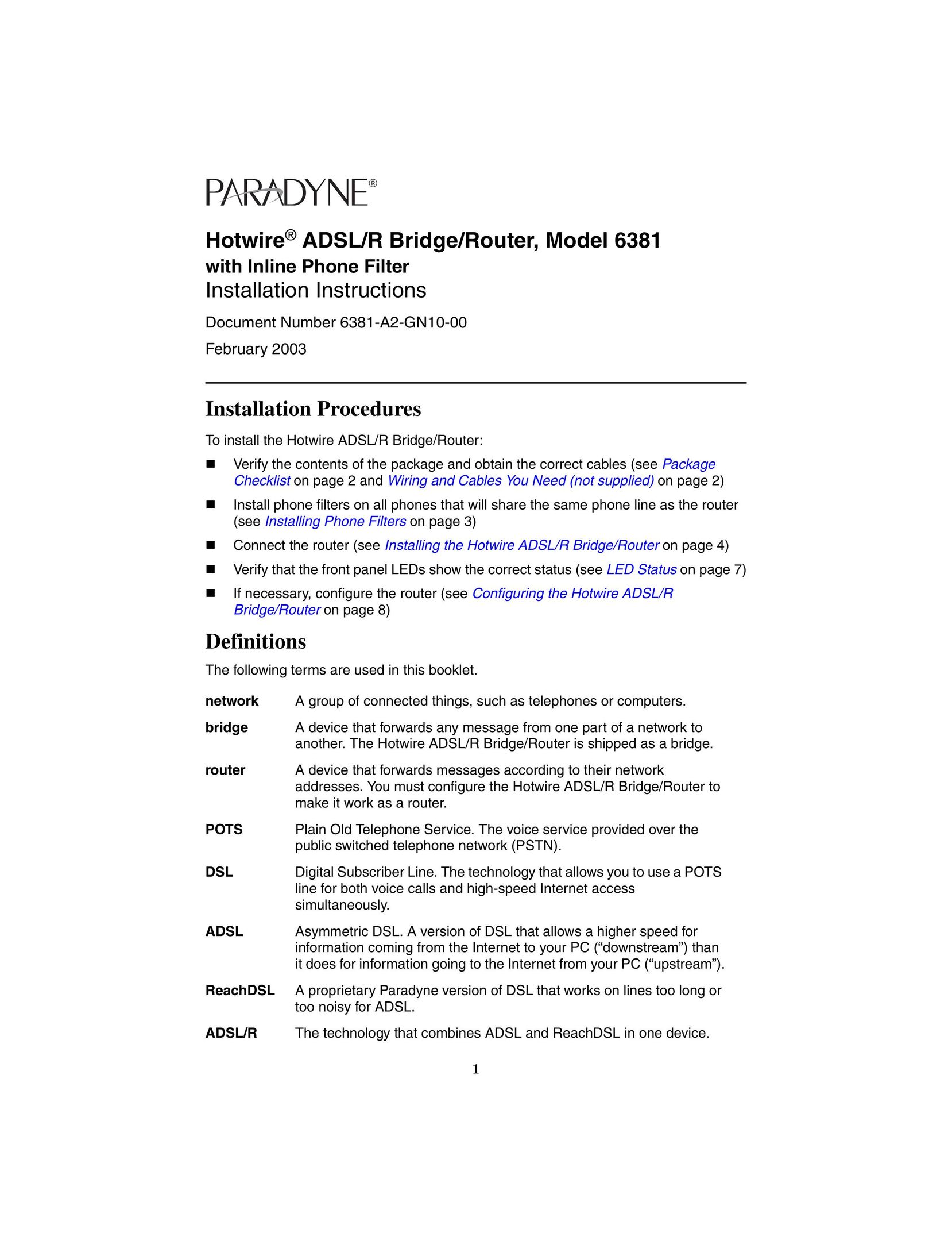 Paradyne 6381 Network Router User Manual