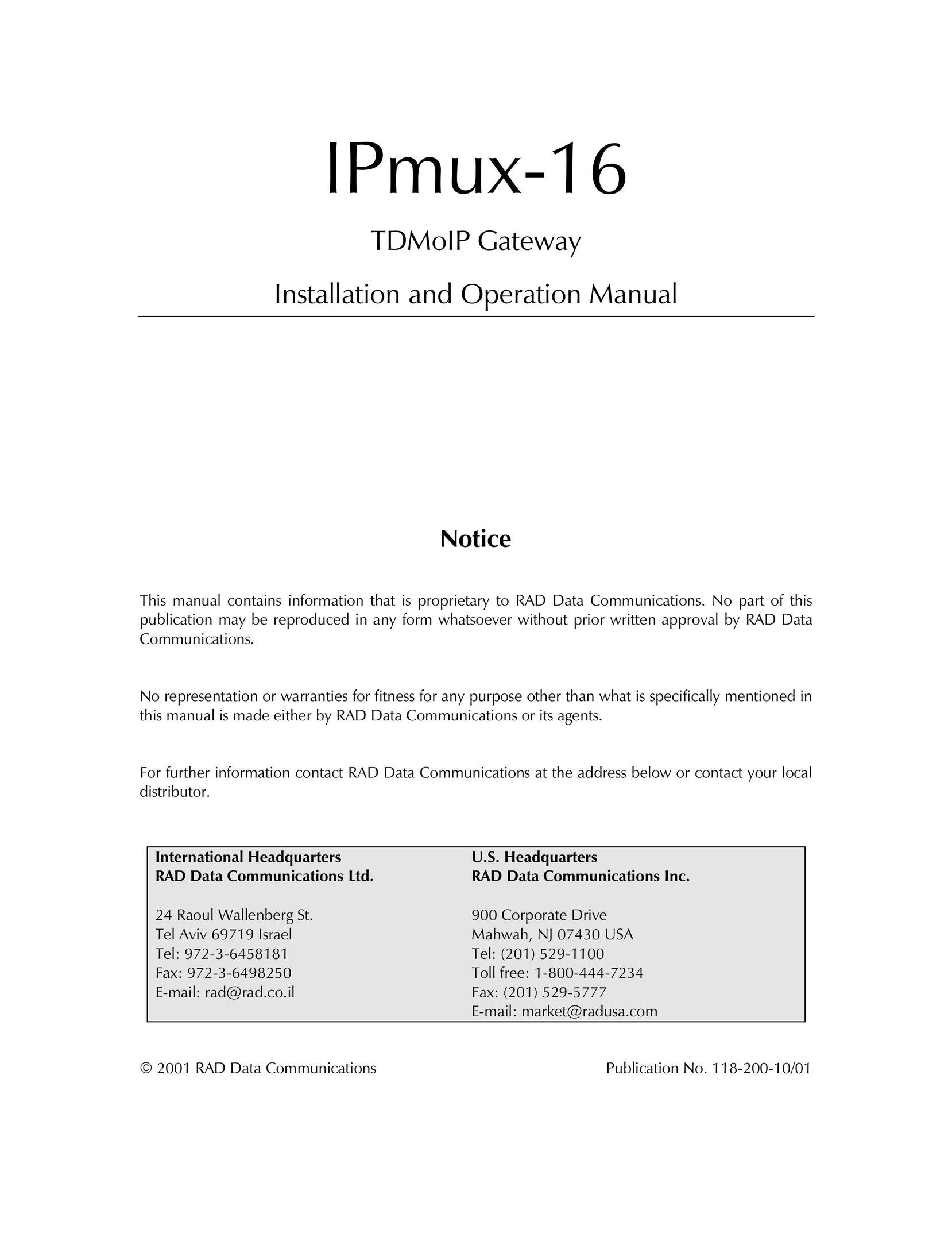 RAD Data comm IPmux-16 Network Router User Manual