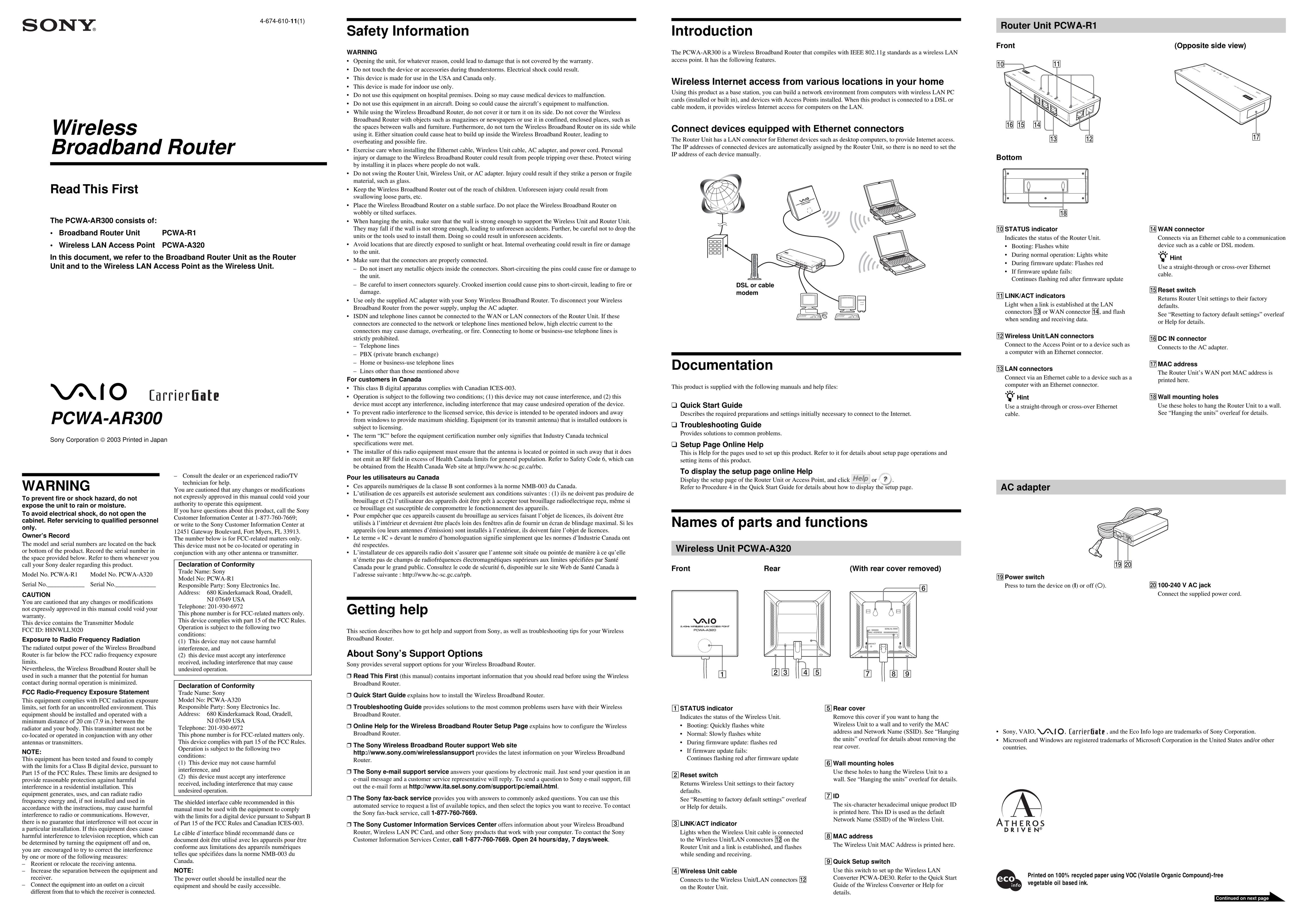 Sony PCWA-AR300 Network Router User Manual