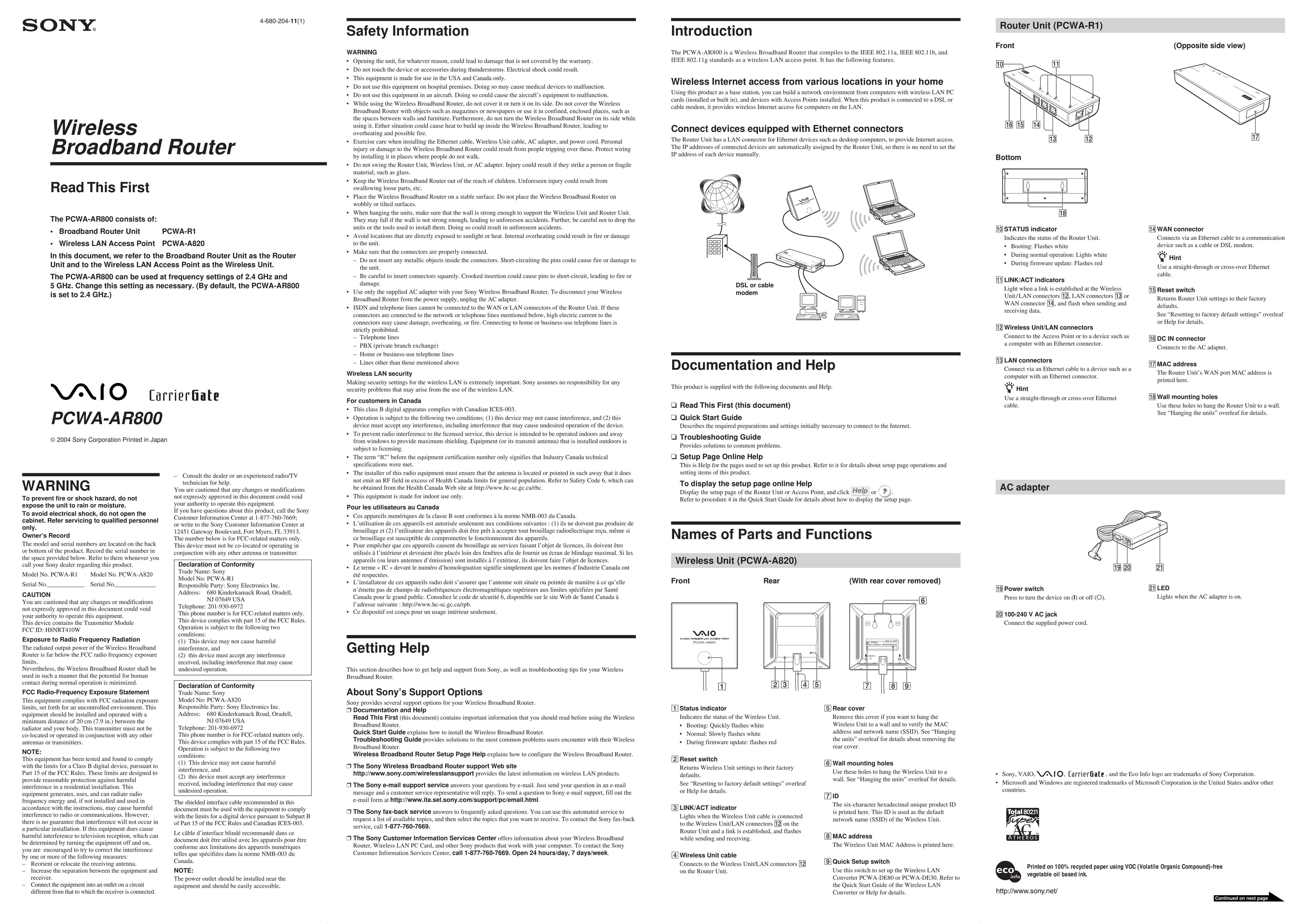 Sony PCWA-AR800 Network Router User Manual
